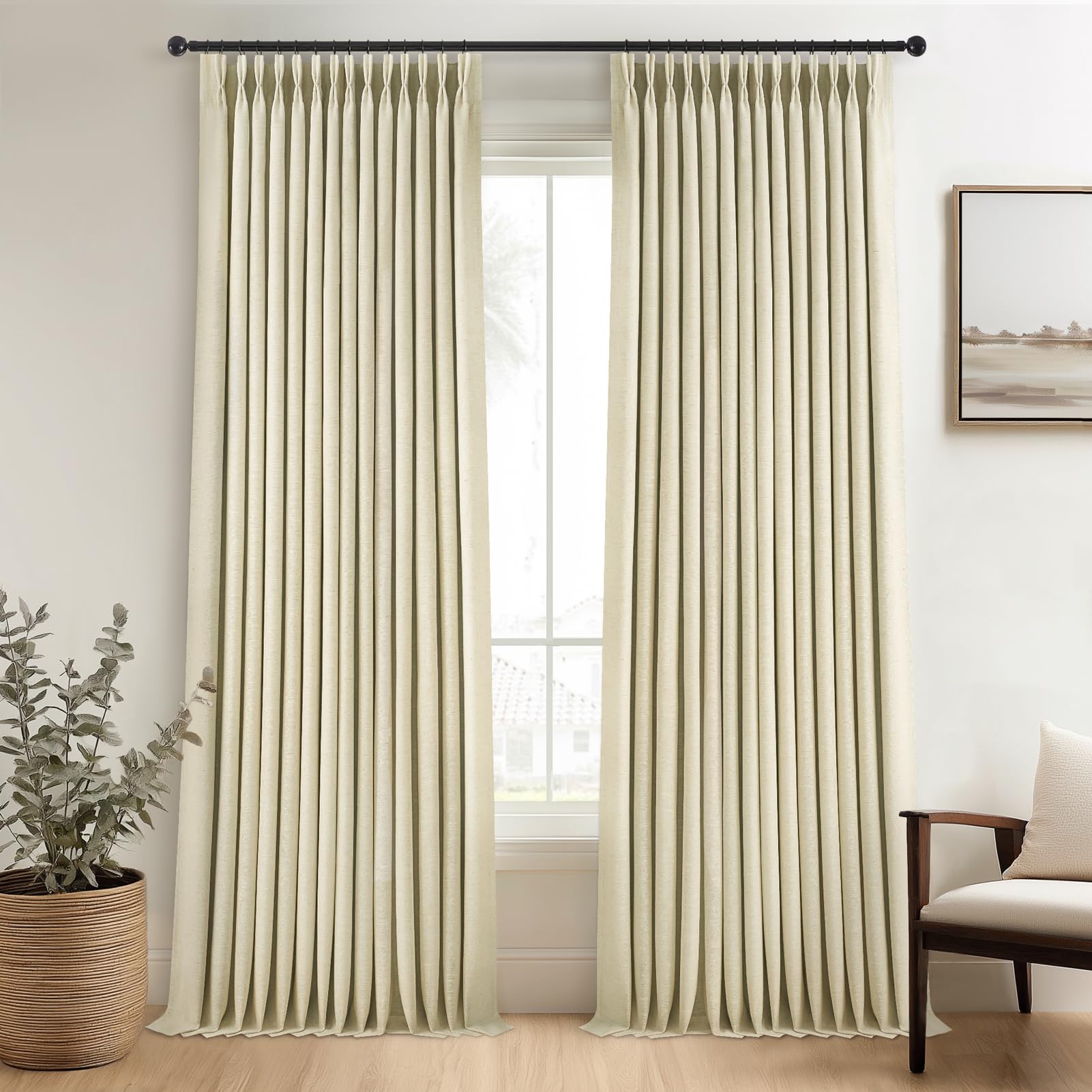Topfinel 96 Inches Long Pinch Pleated 100% Blackout Curtains,Thermal Insulated Natural Linen Pinch Pleat Viral Drapes with Hooks Rings 2 Panel Sets,Neutral Beige Ivory 8FT Back Tab Window Curtains