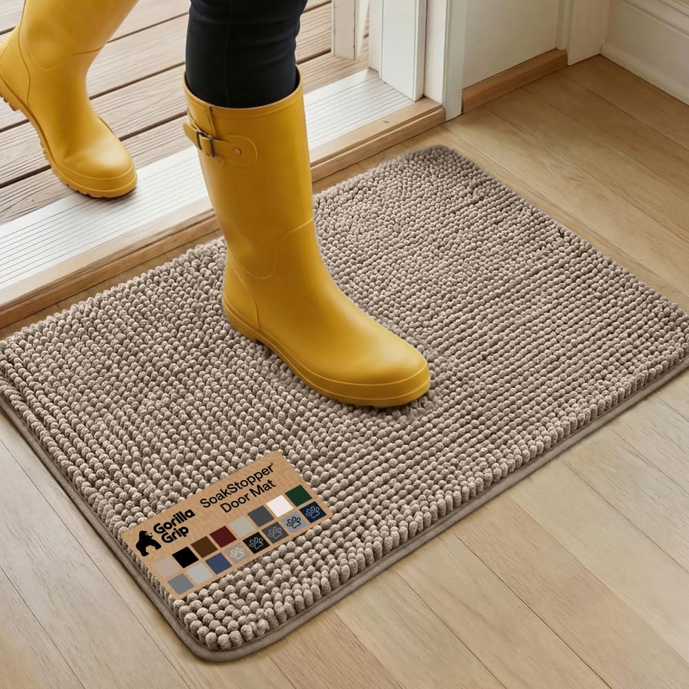 GORILLA GRIP SoakSTOPPER Dog Door Mat, Machine Washable Rug Absorbent Doormat Captures Moisture Mud Dirt, Quick Dry Soft Chenille Entryway Rugs Indoor Entrance Mats for Dog Paws, 24x17 Grey