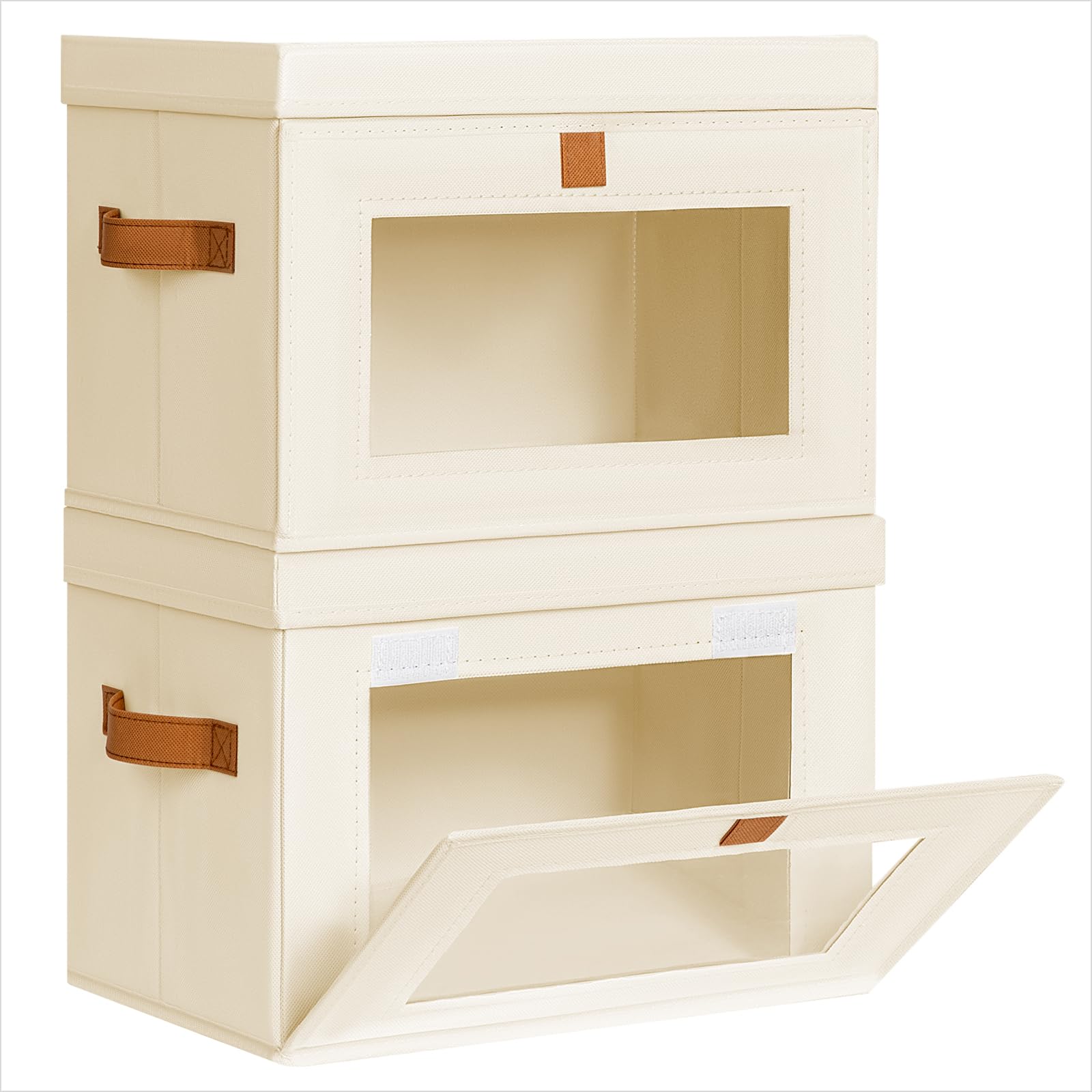 Homsorout Large Closet Storage Organizer - Clothes Storage Bins with Handles & Window, Collapsible Decorative Boxes with Lids, Fabric Containers for Living Room, Dorm, 2 Pack, Beige