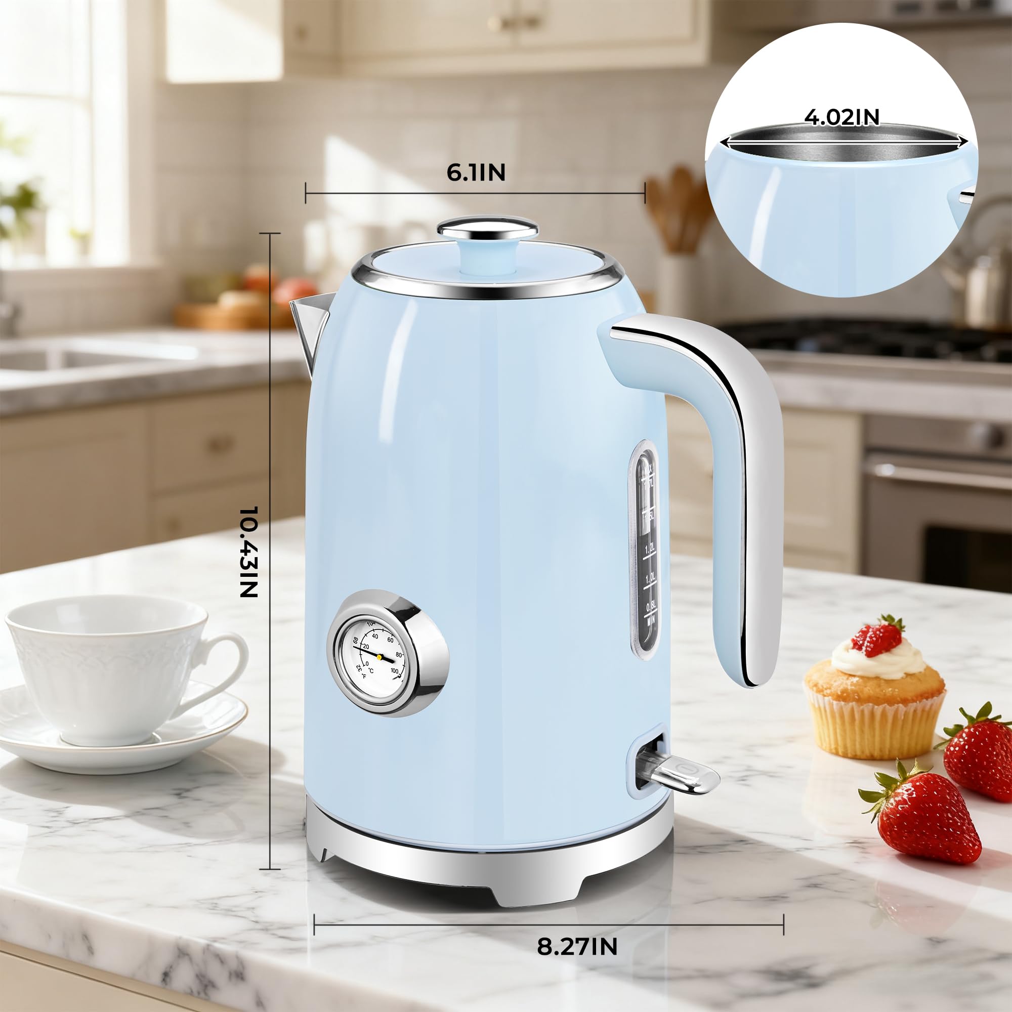 SUSTEAS Electric Kettle - 57oz Hot Tea Water Boiler with Thermometer, 1500W Fast Heating Stainless Steel Pot, Cordless LED Indicator, Auto Shut-Off & Boil Dry Protection, Retro Green