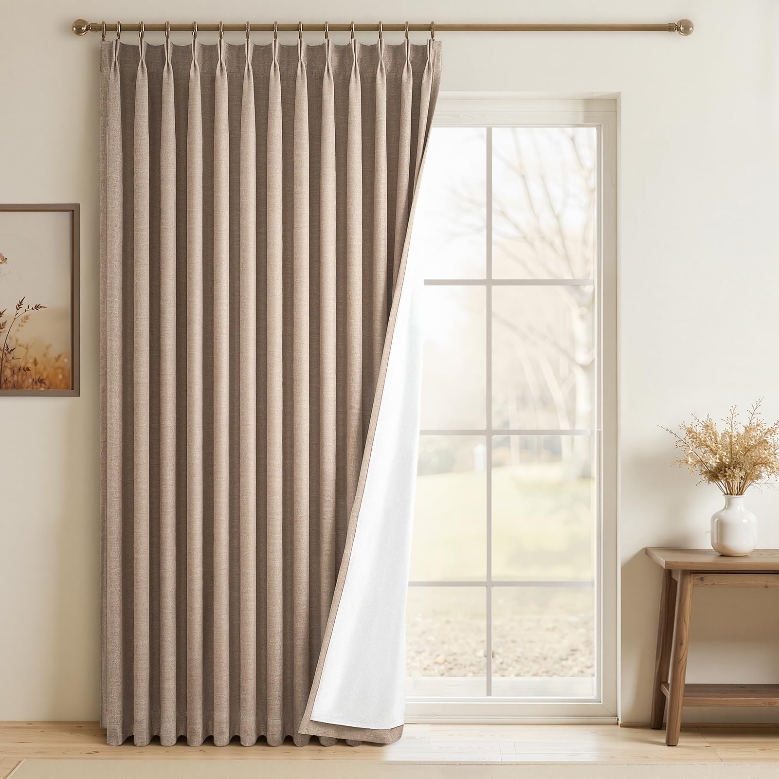 Topfinel 96 Inches Long Pinch Pleated 100% Blackout Curtains,Thermal Insulated Natural Linen Pinch Pleat Viral Drapes with Hooks Rings 2 Panel Sets,Neutral Beige Ivory 8FT Back Tab Window Curtains