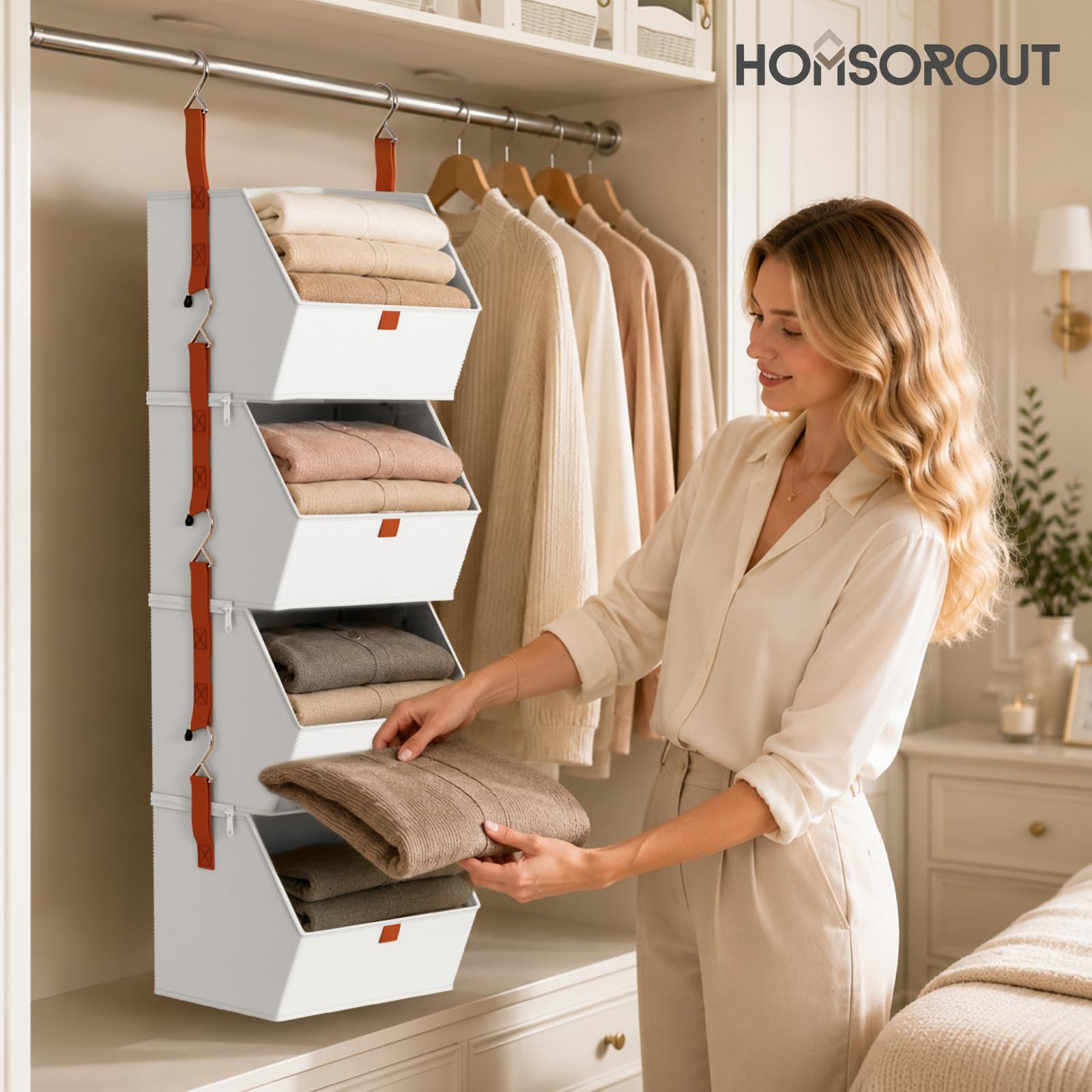 Homsorout Hanging Closet Organizer 4 Tier - Clothes Hanging Shelves, Space-Saving Closet System, Fabric Storage Bins Bedroom Organization, Collapsible Baskets for Home, Dorm, Rv, Beige