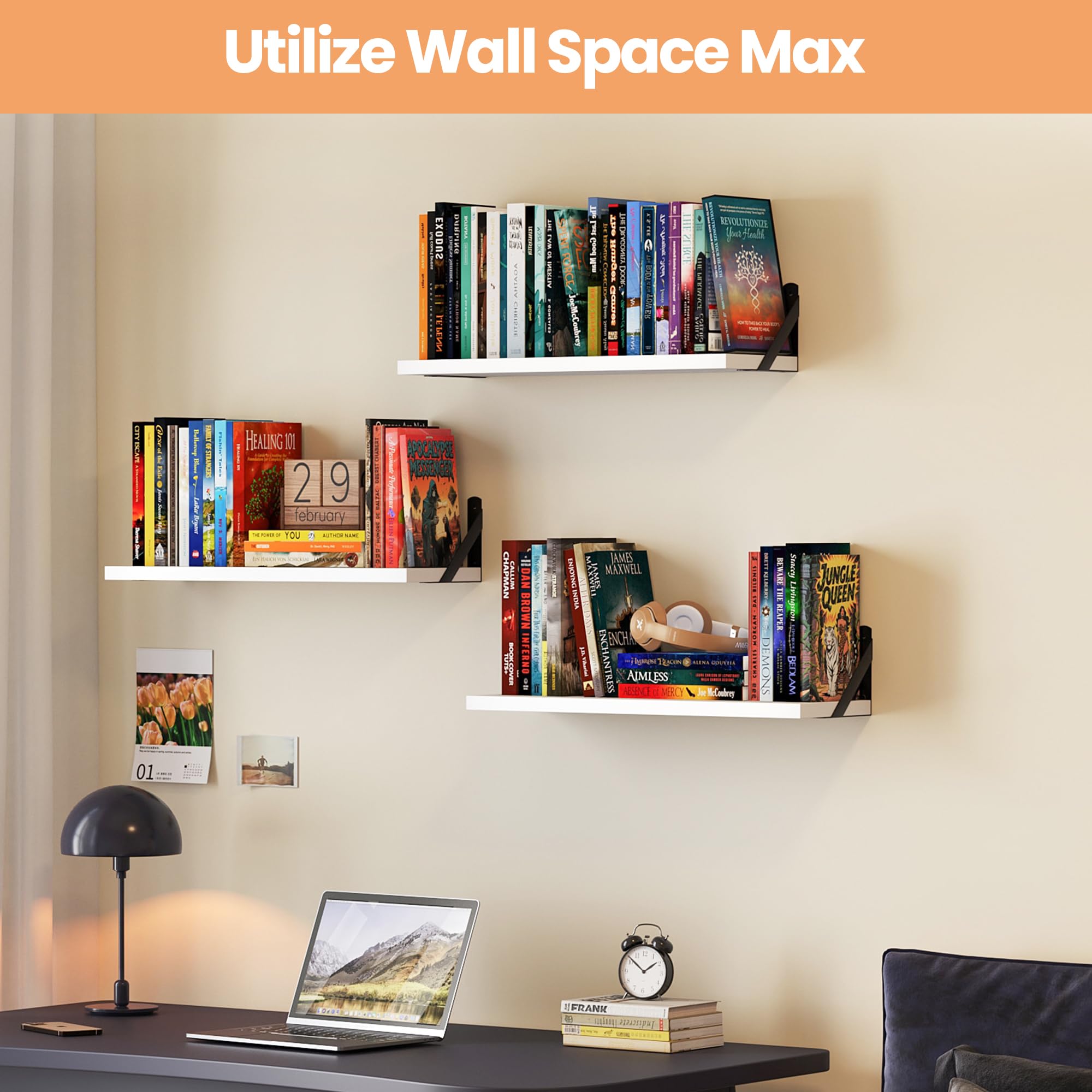 upsimples Floating Book Shelves for Wall, 15.7 Inches Wood Shelves for Living Room, Bathroom, Bedroom, Kitchen Storage and Decoration, White