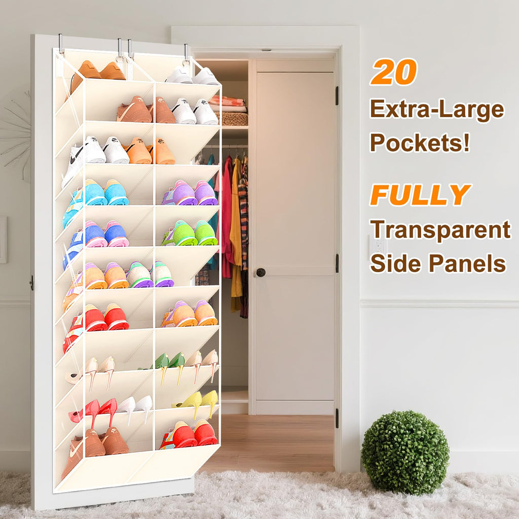 UVIAHOMI 20-30 Pairs Over the Door Shoe Organizer, Clear Pockets Hanging Shoe Storage for Closet, 10-Tier Door Shoes Rack, Handing Shoes Holder Fit All the Family's Sneakers, Boots, Heels, Black