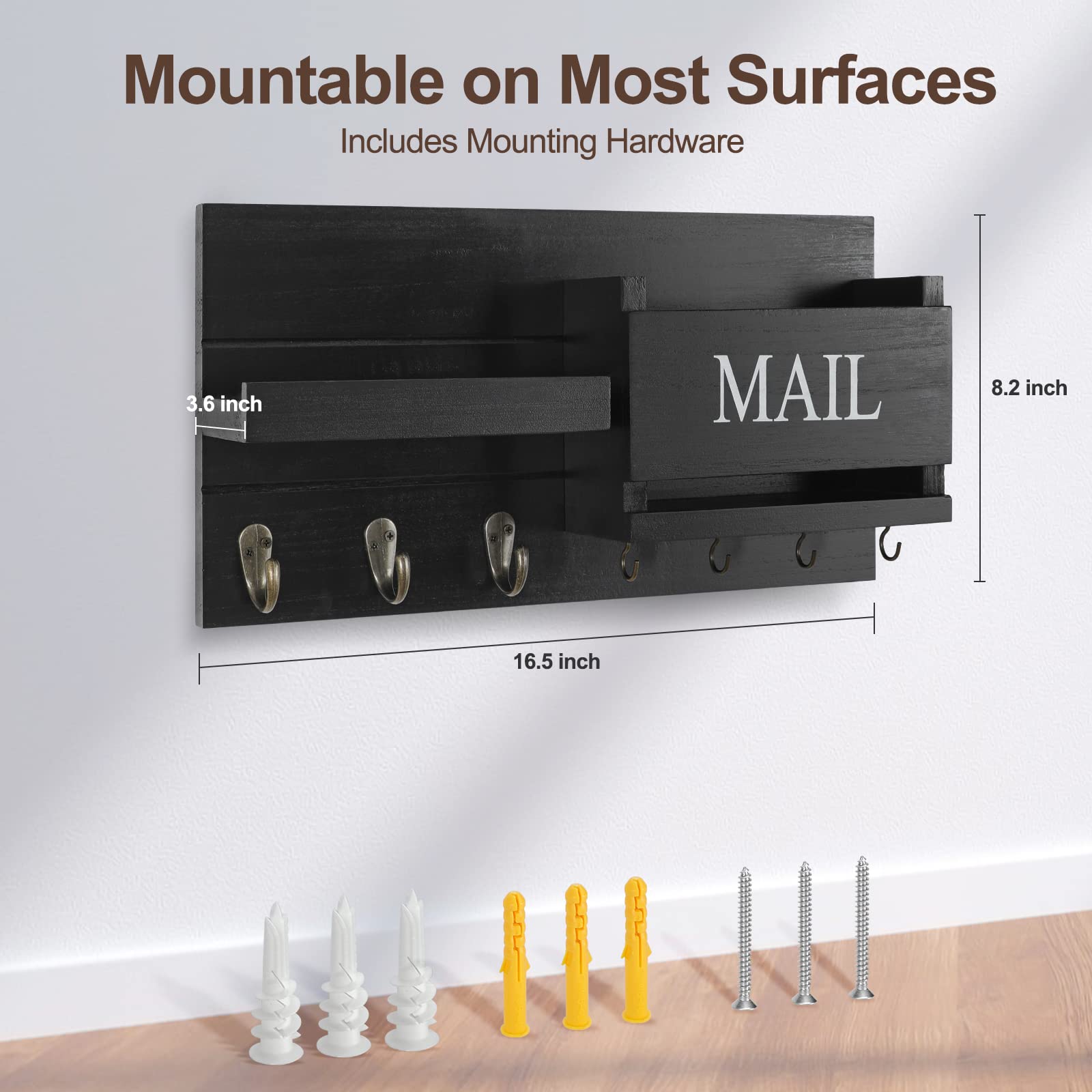 Mail Organizer for Wall Mount – Key Holder with Shelf Includes Letter Holder and Hooks for Hallway Farmhouse Decor – Rustic Wood with Flush Mounting Hardware (16.5” x 9.1” x 3.4”) (White)