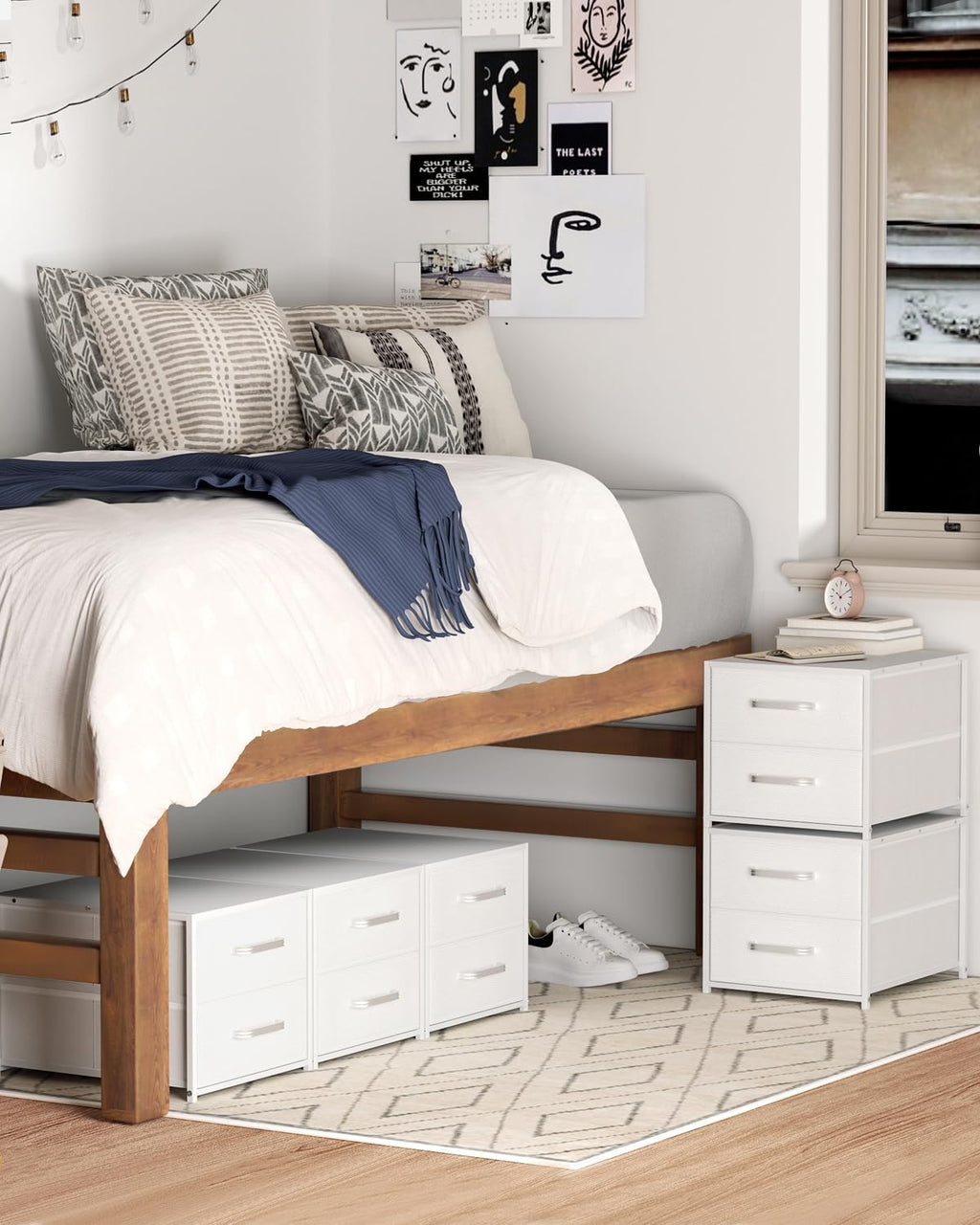 Homsorout Stackable Storage Drawers - 2 Tier Closet Organizer with Metal Handles and Metal Frame, Collapsible Fabric Bins Dresser for Bedroom, Dorm, Office, White, 1 Pack