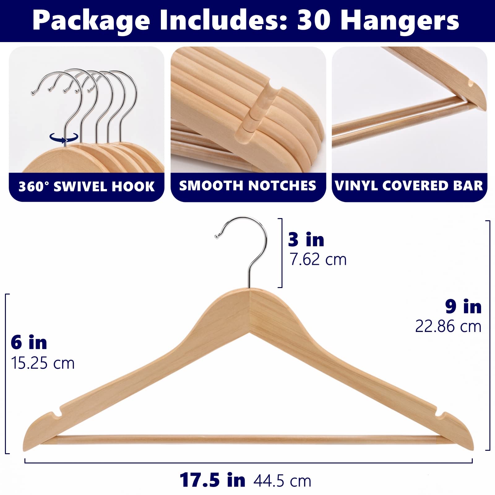 Amber Home 30 Pack Wooden Coat Hangers, Natural Wood Suit Hangers with Non-Slip Pant Bar, Clothes Hangers for Closet Organization, Shirts, Jackets, Dresses, and Pants (Natural, 30)