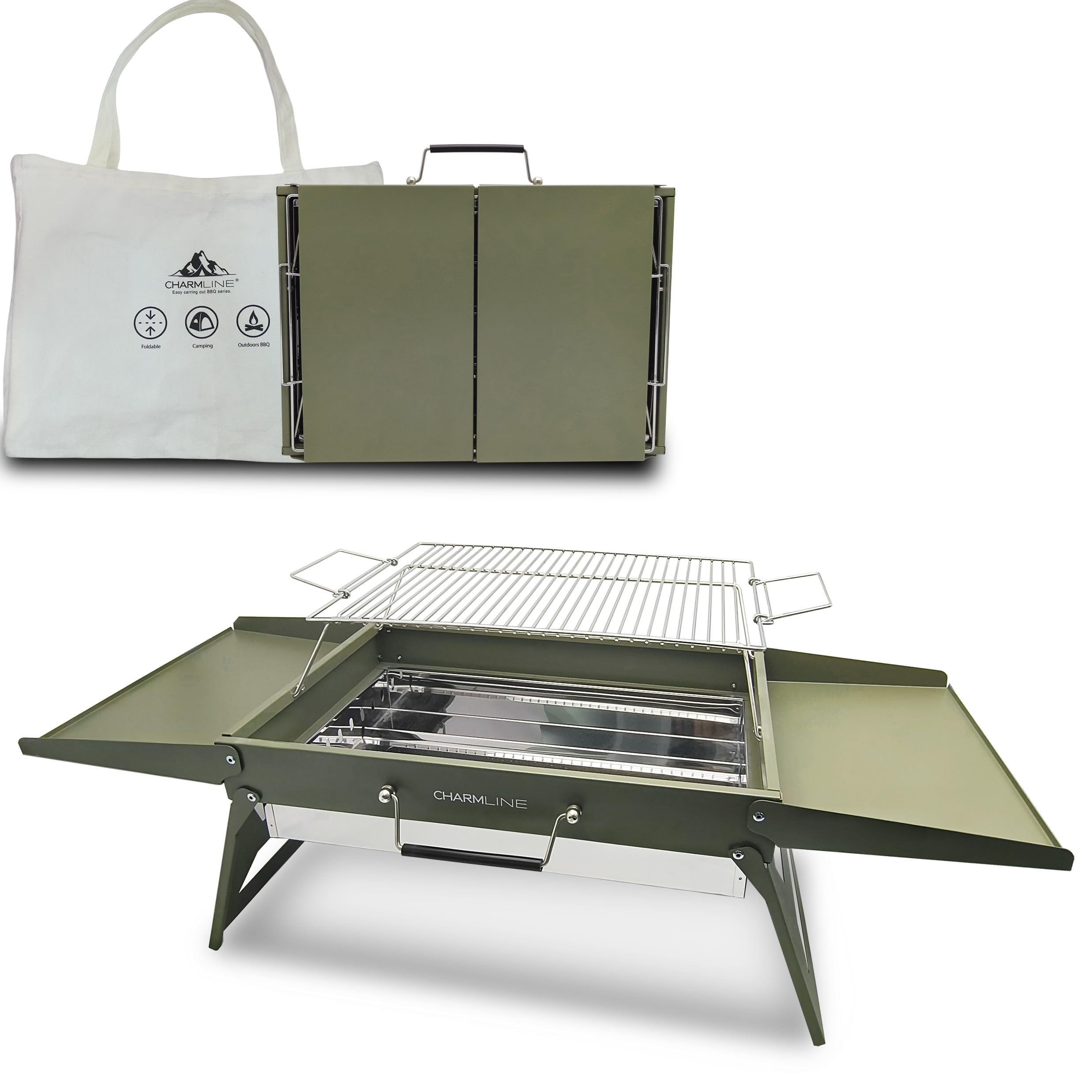 Charmline 14 x 9 inches Portable Charcoal BBQ Grill, Foldable Compact Camping Barbecue for 1–3 People, Ideal for Garden, Beach, Picnic & Tabletop Use, Green
