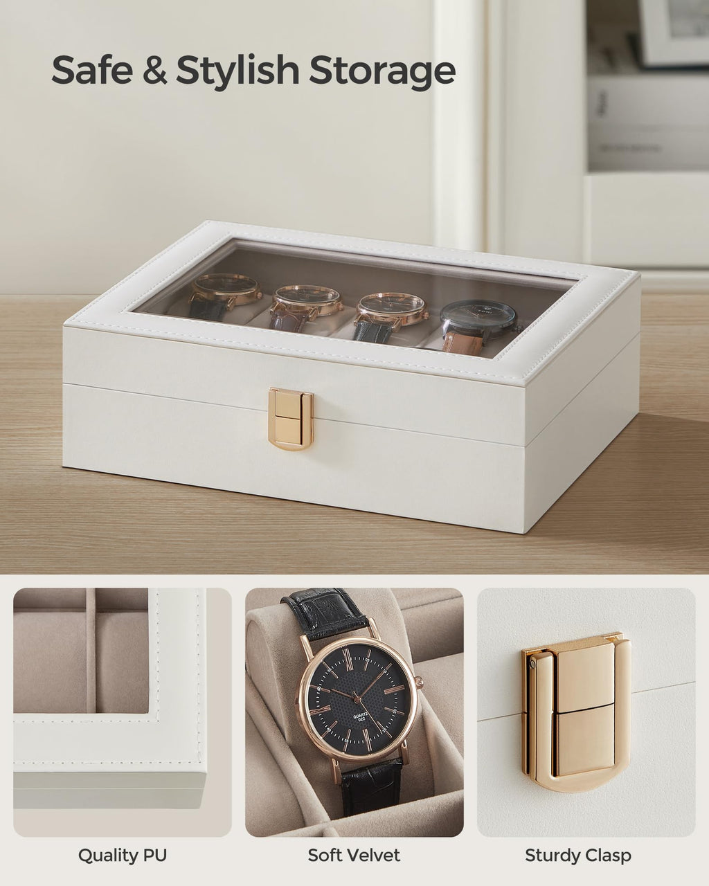 SONGMICS Watch Box, 12-Slot Watch Case Organizer with Large Glass Lid, Removable Pillows, Gift for Loved Ones, Black Synthetic Leather, Gray Lining UJWB12BK