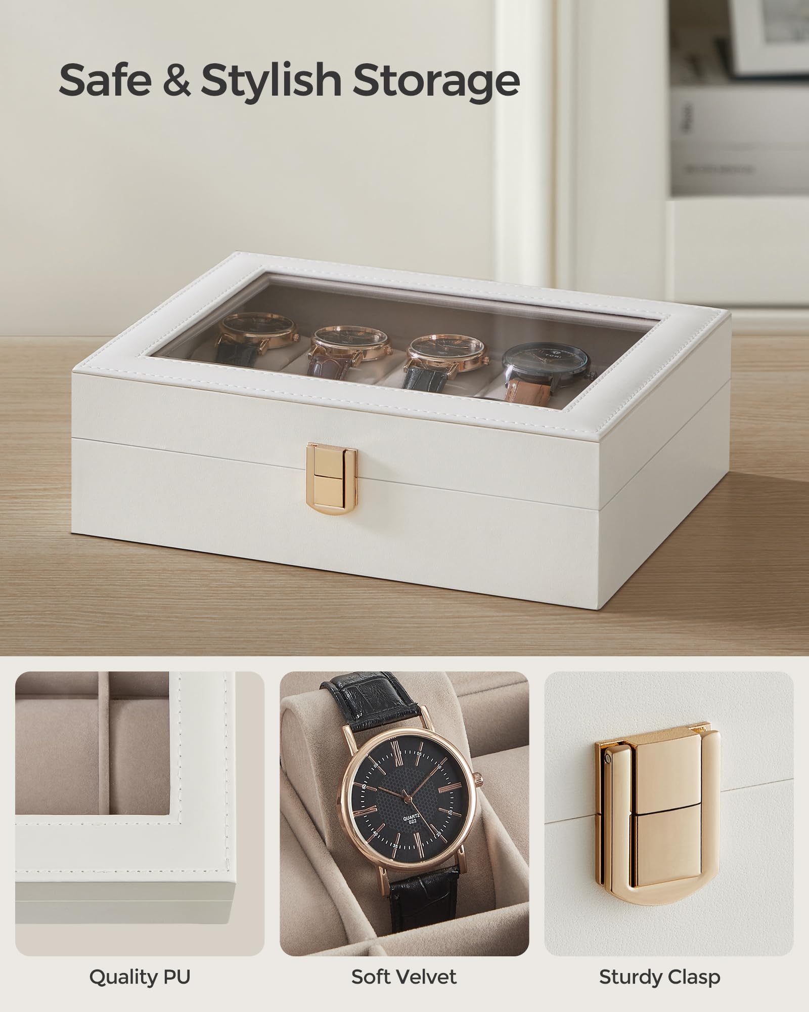 SONGMICS Watch Box, 12-Slot Watch Case Organizer with Large Glass Lid, Removable Pillows, Gift for Loved Ones, Black Synthetic Leather, Gray Lining UJWB12BK