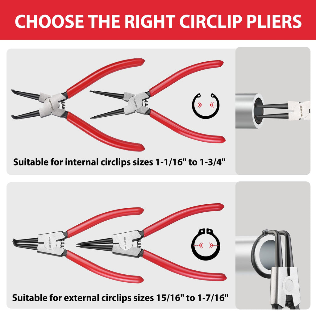 WORKPRO 4-Piece Snap Ring Pliers Set - Heavy Duty 7-inch Internal/External Circlip Pliers Kit (Tip Diameter 5/64'')-Straight/Bent Jaw - Cr-V Steel - For Ring Remover Retaining- Storage Pouch Included