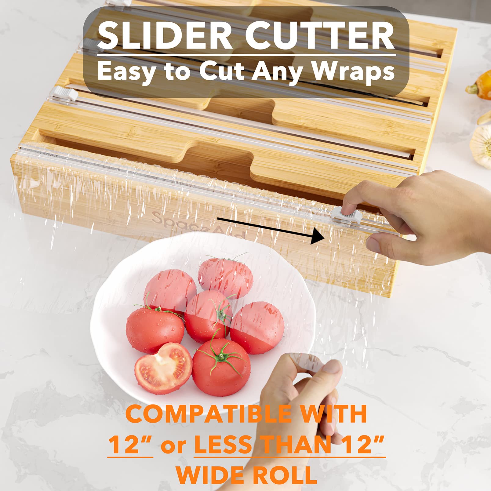 SpaceAid WrapNeat 3 in 1 Wrap Organizer with Cutter and Labels, Plastic Wrap, Aluminum Foil and Wax Bamboo Dispenser for Kitchen Storage Organization Holder for 12" Roll (Natural)