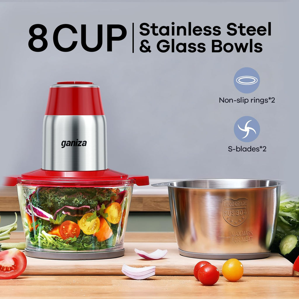GANIZA Procesadores de alimentos, picadora eléctrica de alimentos con picadora de carne y picadora de verduras, 2 cuencos (8 tazas+8 tazas) con potente motor de cobre de 450 W, incluye 2 juegos de
