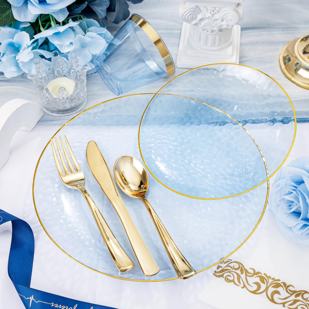 DaYammi 350PCS Clear Gold Plastic Dinnerware Set for 50 Guests, Hammered Disposable Plates for Party, Include: 50 Dinner Plates, 50 Dessert Plates, 150 Gold Silverware, 50 Napkins, 50 Cups