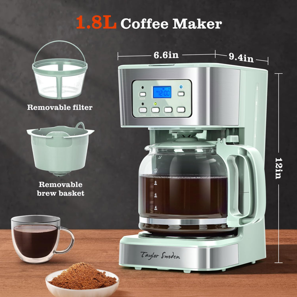 Taylor Swoden 12-Cup Programmable Coffee Maker, Regular & Strong Brew Drip Coffee Machine for Home and Office, Glass Carafe, Pause & Serve, Auto Shut Off, Black & Stainless Steel