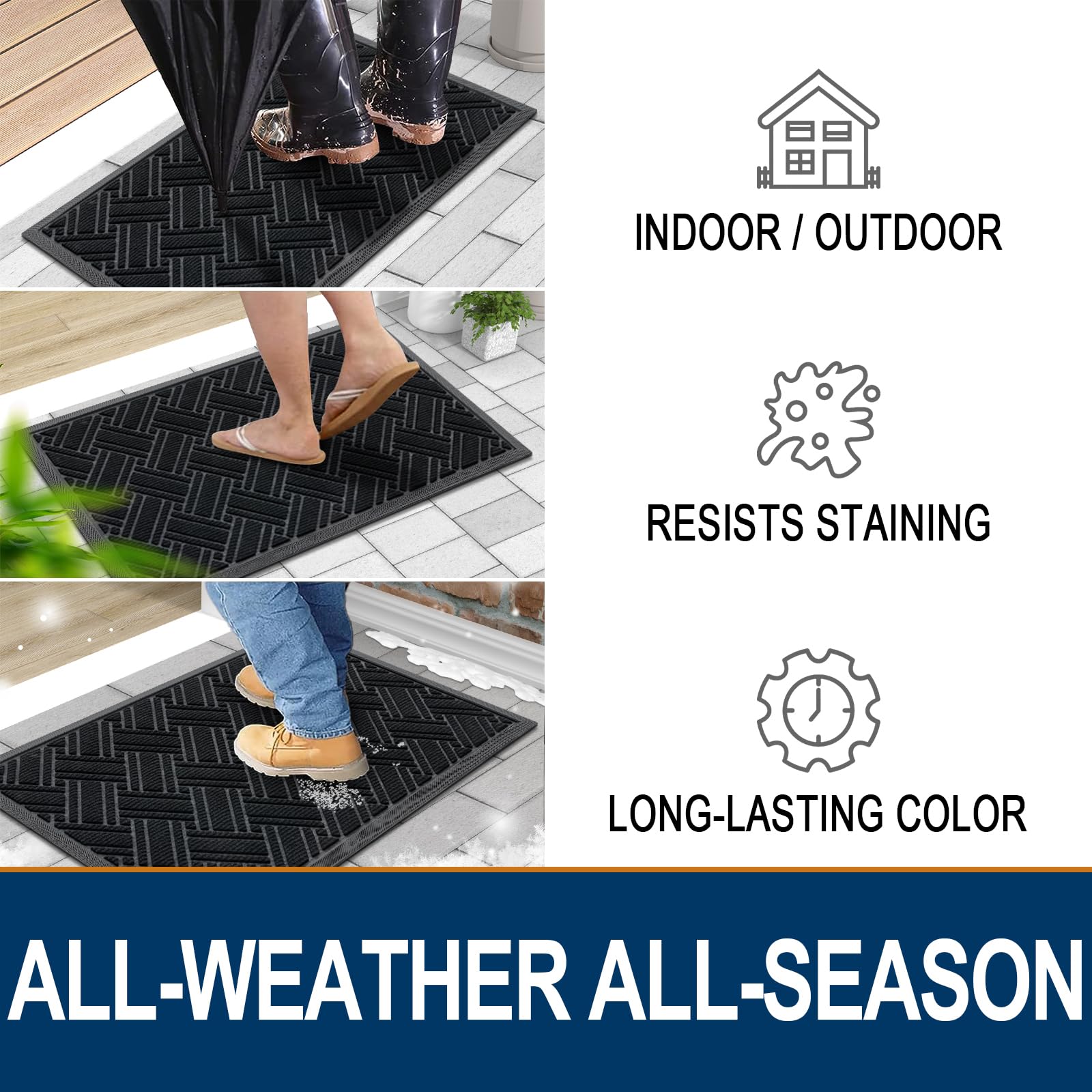 OLANLY Indoor Outdoor Mat, Sturdy Natural Rubber Floor Mat, Non Slip Low Profile Waterproof Doormat, and Stain Front Door Mats, Easy Clean Patio Entrance Mat, 30''x17'', Black