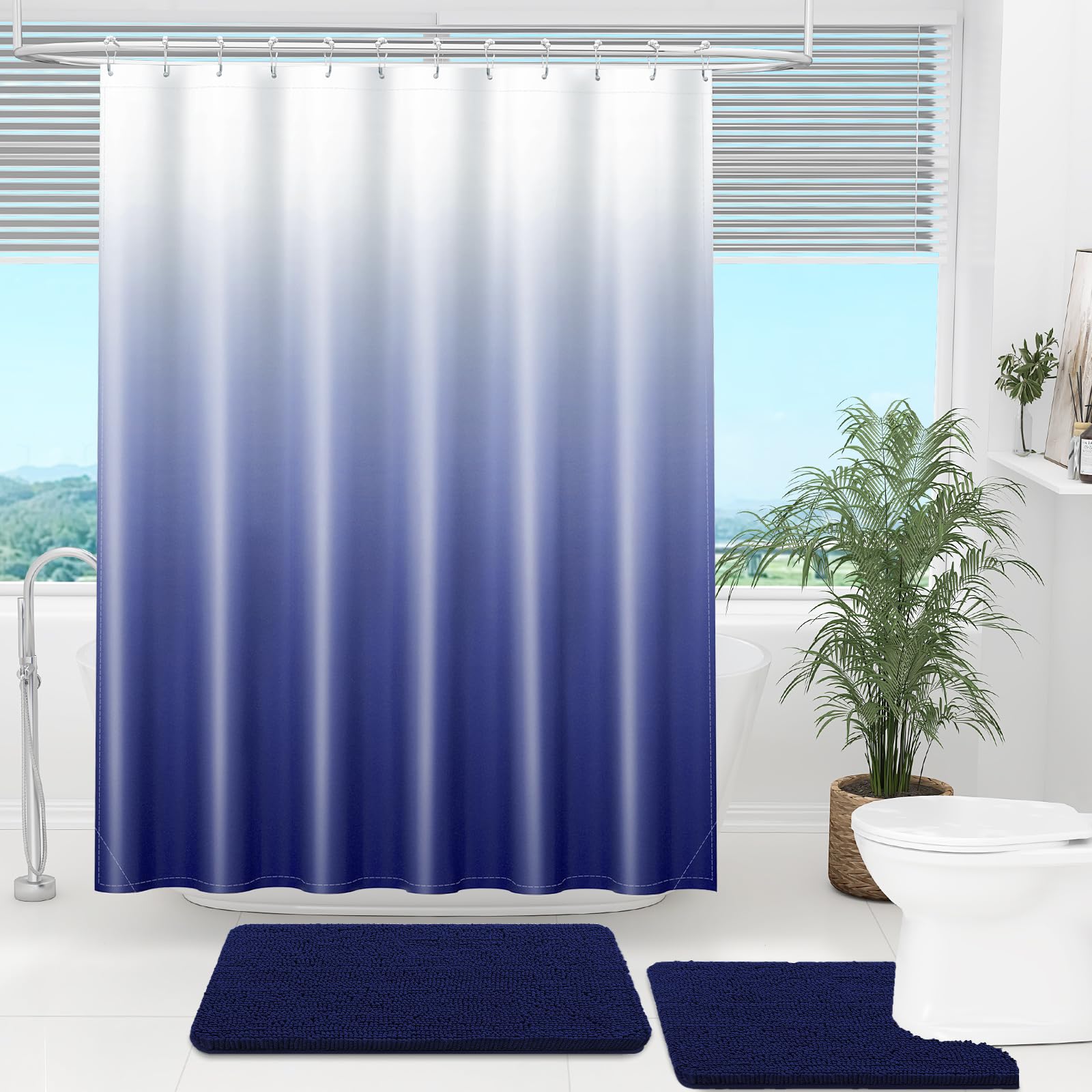 OLANLY Luxury Black and Grey Ombre Shower Curtain Sets with 12 Hooks, Waterproof and Washable Decorative Shower Curtains for Bathroom, 72x72 Inches