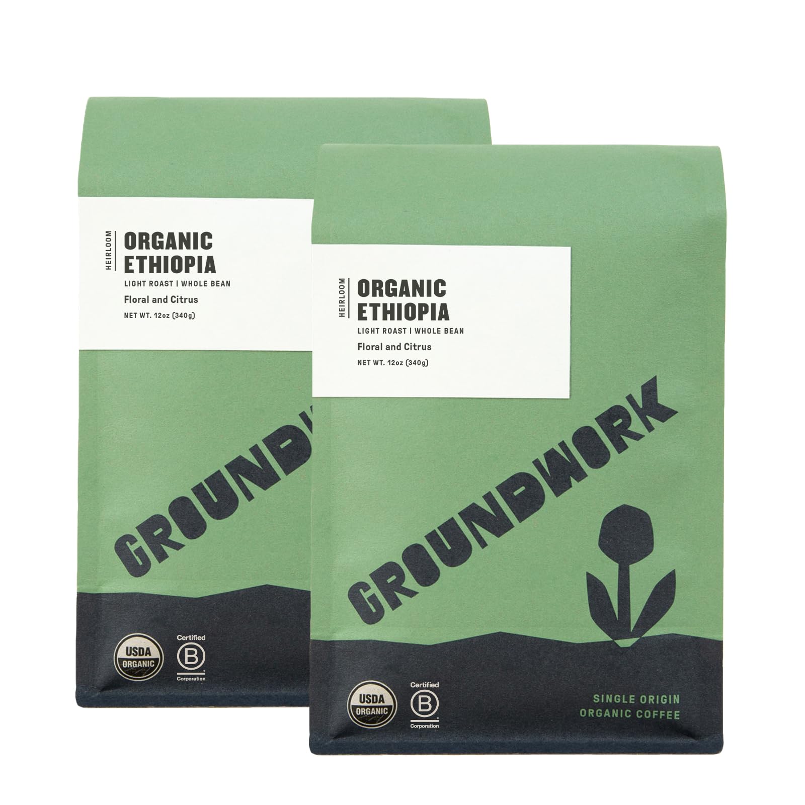 GROUNDWORK Ethiopia Heirloom Blend - Whole Bean Coffee Light Roast - USDA Organic Single Origin Coffee - 12oz (Pack of 1)