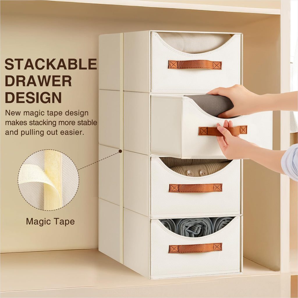 Homsorout Stackable Storage Drawers - Collapsible Storage Bins with Drawers, 4 Pack Closet Shelf Organizer Basket, Fabric Pull Out Organizer for Bedroom, Living Room, Dorm, Beige