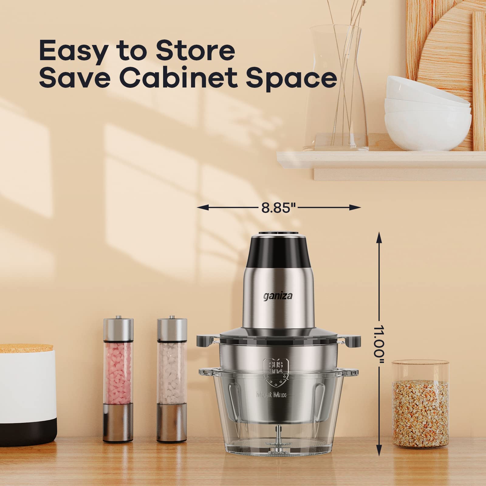 GANIZA Procesadores de alimentos, picadora eléctrica de alimentos con picadora de carne y picadora de verduras, 2 cuencos (8 tazas+8 tazas) con potente motor de cobre de 450 W, incluye 2 juegos de