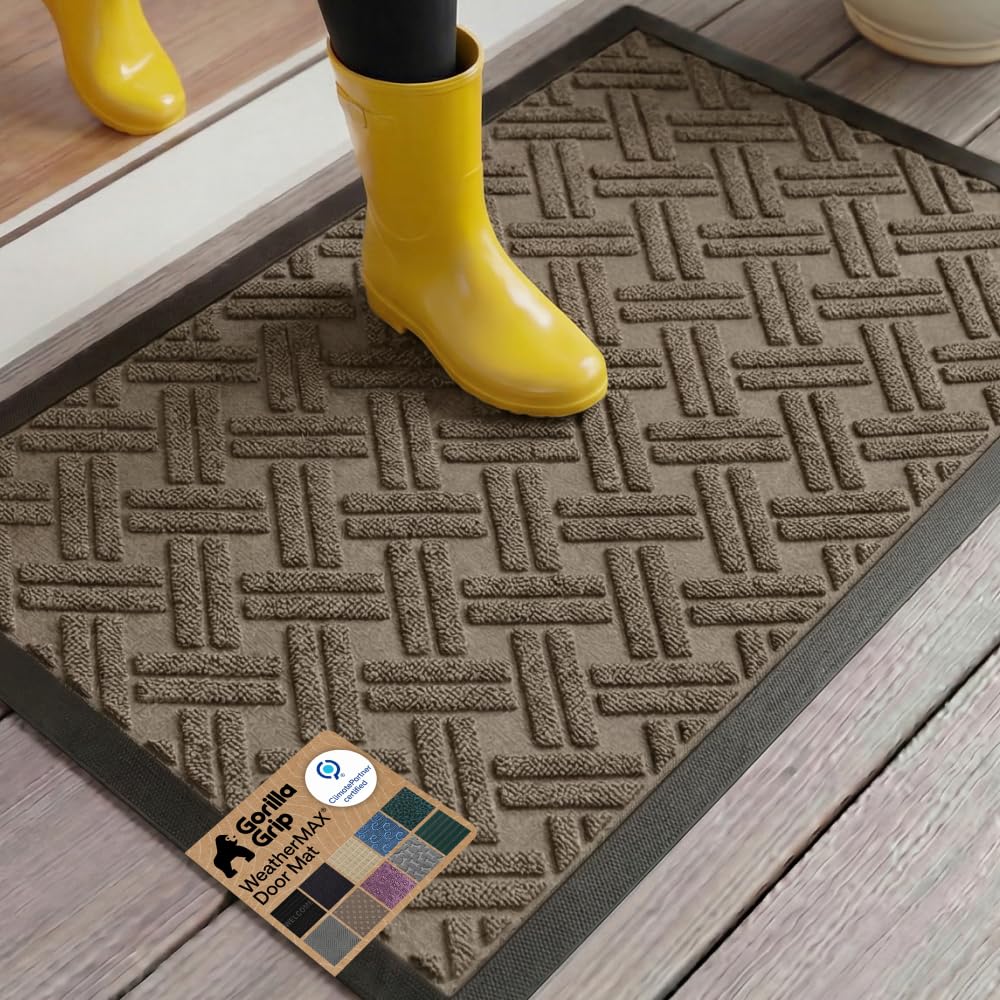 GORILLA GRIP 100% Waterproof All-Season WeatherMAX Doormat US Designed Natural Rubber, Stain Fade Resistant, Low Profile Indoor Outdoor Front Door Mats Outside Entrance, Easy Clean 29x17 Gray Diamond