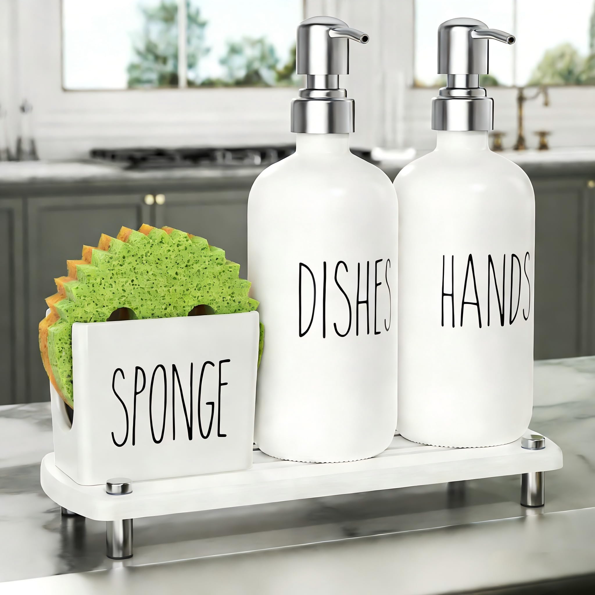 Cisily Kitchen Soap Dispenser Set Comes with Ceramics Sponge Holder, Gold Pumps, and Instant Dry Tray, Hand and Dish Soap Dispenser Set (4, Gold + White + Sponge Holder)