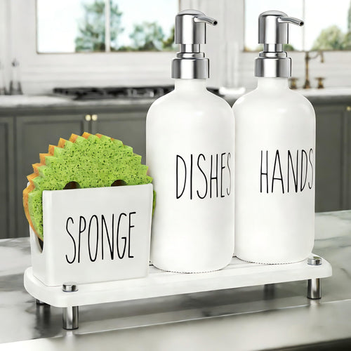 Cisily Kitchen Soap Dispenser Set Comes with Ceramics Sponge Holder, Gold Pumps, and Instant Dry Tray, Hand and Dish Soap Dispenser Set (4, Gold + White + Sponge Holder)