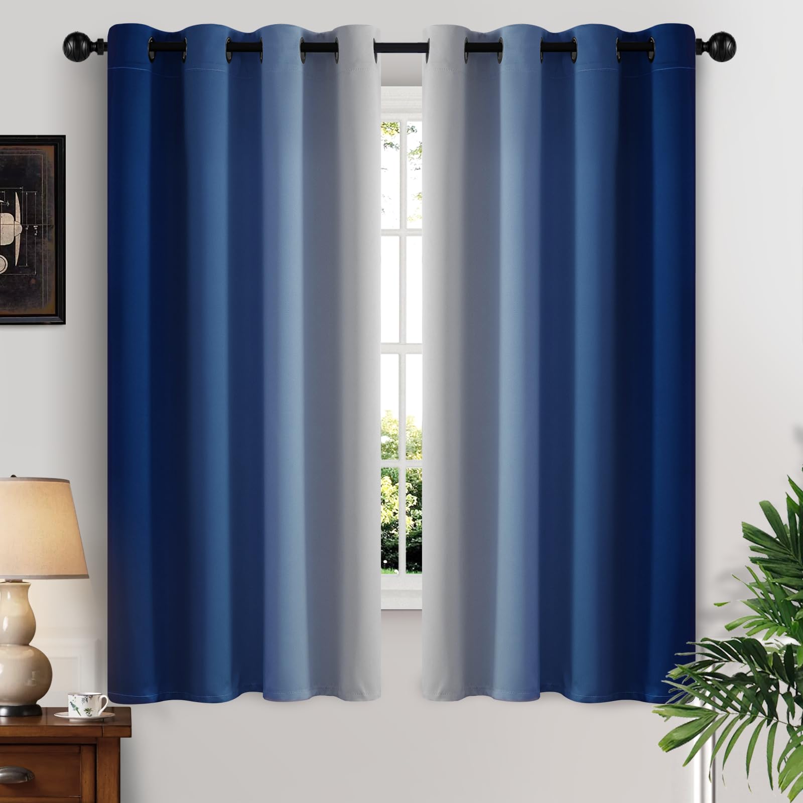 Yakamok Blue and Greyish White Ombre Curtains, Room Darkening Gradient Color Curtains for Bedroom, Light Blocking Thermal Insulated Window Drapes for Living Room(2 Panels, 52x84 Inch)