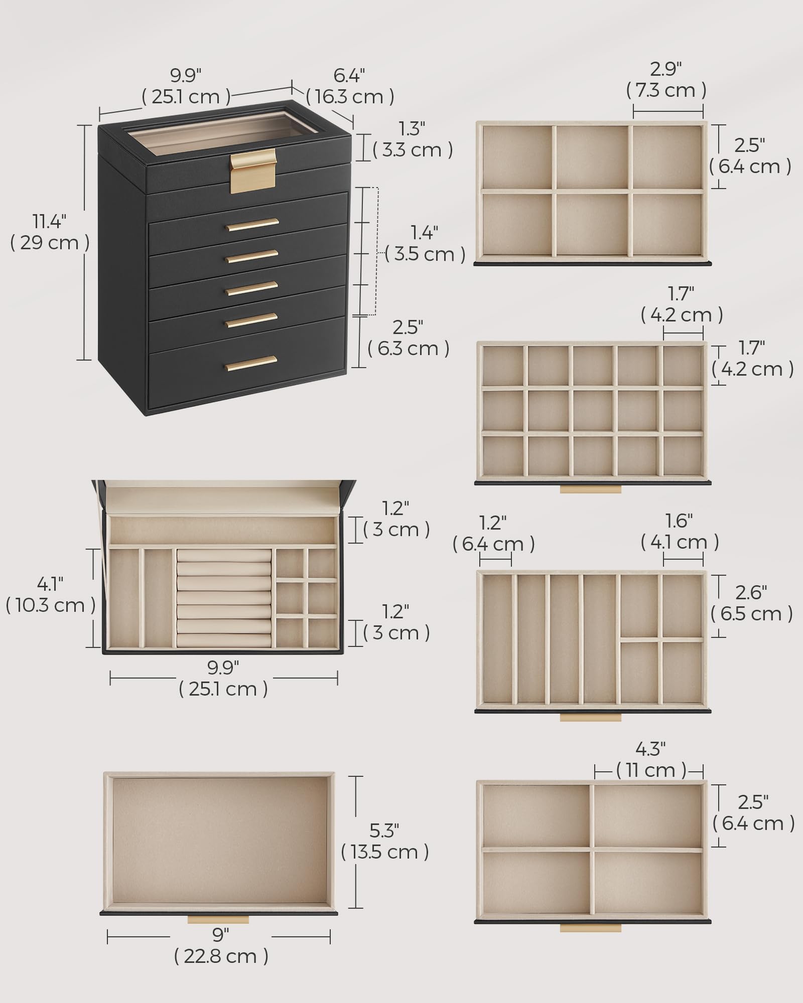 SONGMICS GISELLA Collection - Jewelry Box Organizer, 3-Layer Jewelry Storage with 2 Drawers, Shiny Metal Hardware, Glass Lid, Modern, 8 x 9.1 x 5.3 Inches, Cloud White and Gold Color UJBC239WT