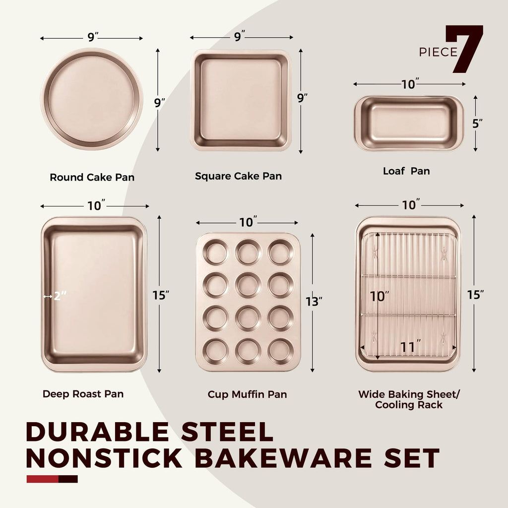KITESSENSU Baking Pans Sets, Nonstick Bakeware Sets 7-Piece with Round/Square Cake Pan, Loaf Pan, Muffin Pan, Cookie Sheet, Roast Pan, Cooling Rack, Carbon Steel Bake Set