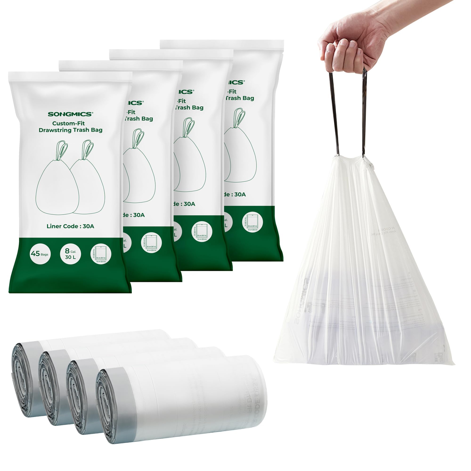 SONGMICS Trash Bags for 8-Gallon (30 L) Trash Cans, Drawstring Kitchen Garbage Bags, Pre-Separated, Liner Code 30A, 2 Rolls, 90 Count, White UKRB30A02