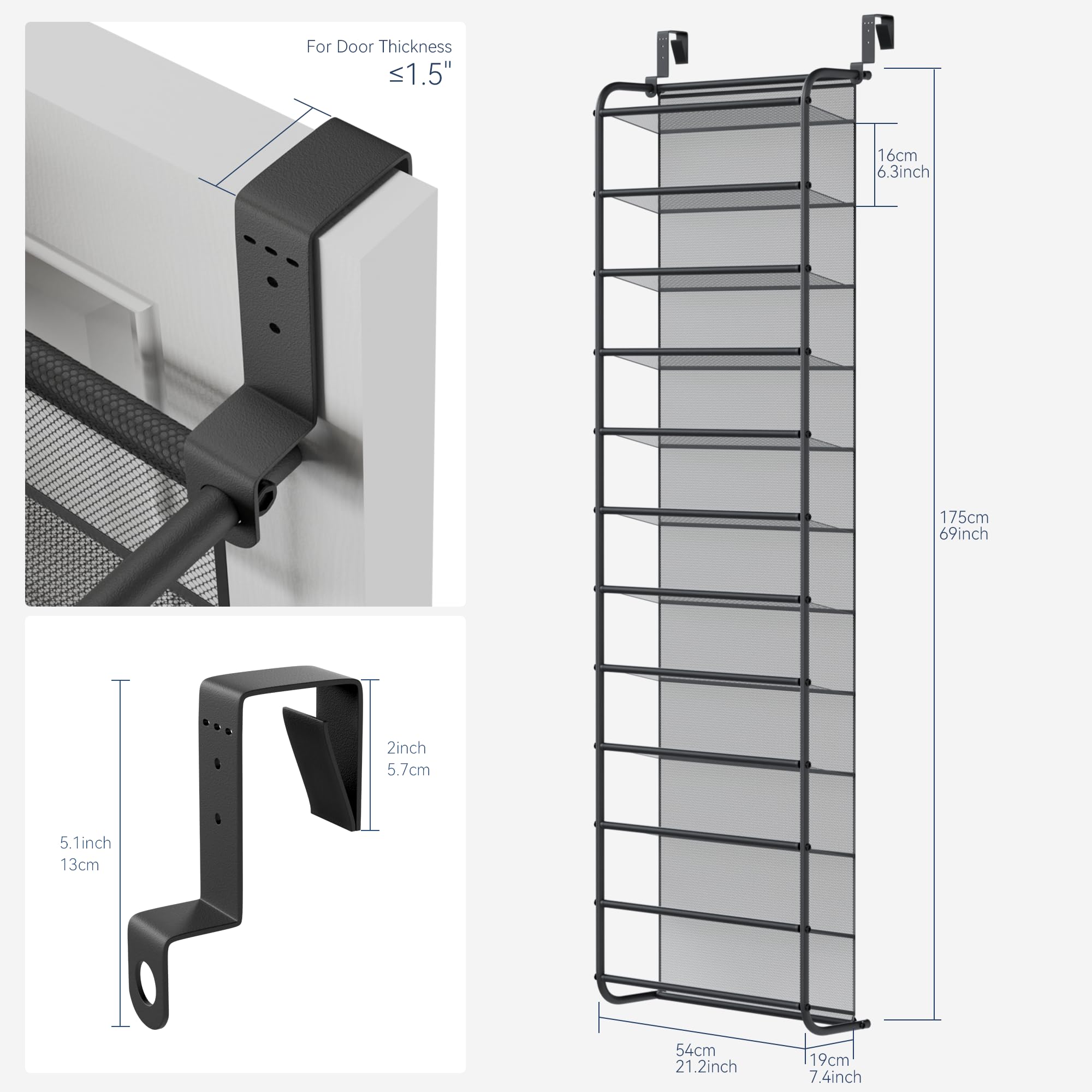 Whitmor 36 Pair Over the Door Shoe Organizer, 12 Tier Hanging Shoe Organizer, Heavy Duty Metal & Mesh Shoe Holder, Hanging Shoe Rack for Closet Organizer & Storage, 74"L x 21.7"W x 7.5"H, White