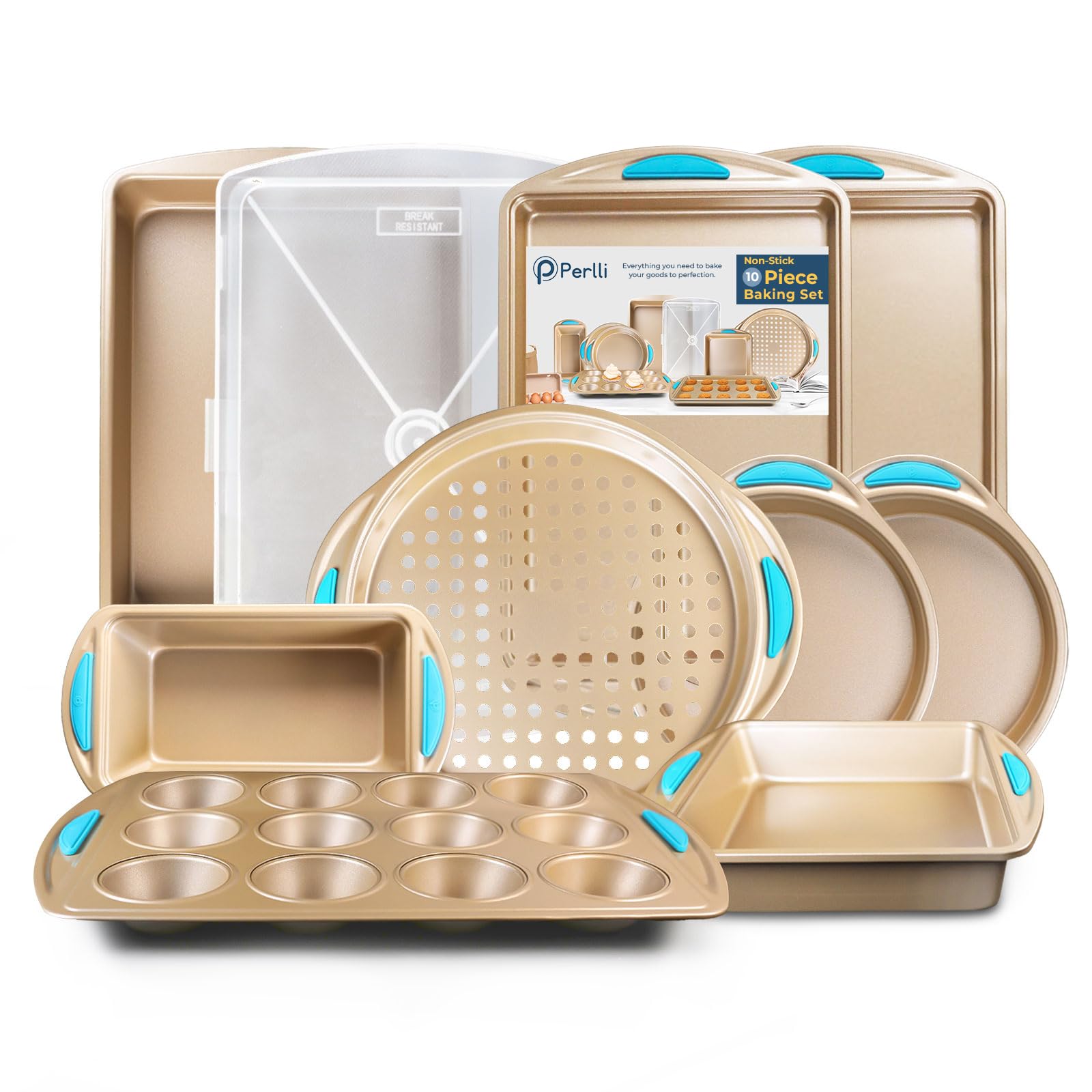 Perlli Baking Kit: Nonstick Gold Steel Oven Set - 10 Pieces, Cookie Sheets, Cake Pans, 9x13Pan with Lid, Loaf & Deep Pans, Pizza Crisper, Muffin Pan - Silicone Handles