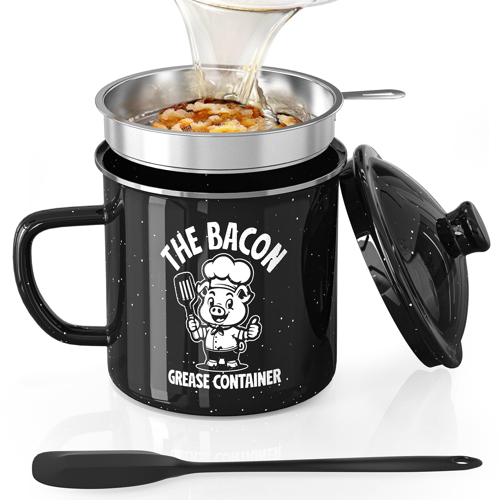 PGYARD Mini Bacon Grease Saver With Strainer - 15OZ Enamel Grease Container, Farmhouse Bacon Grease Keeper For Kitchen Fat Storage, Dishwasher Safe-Red