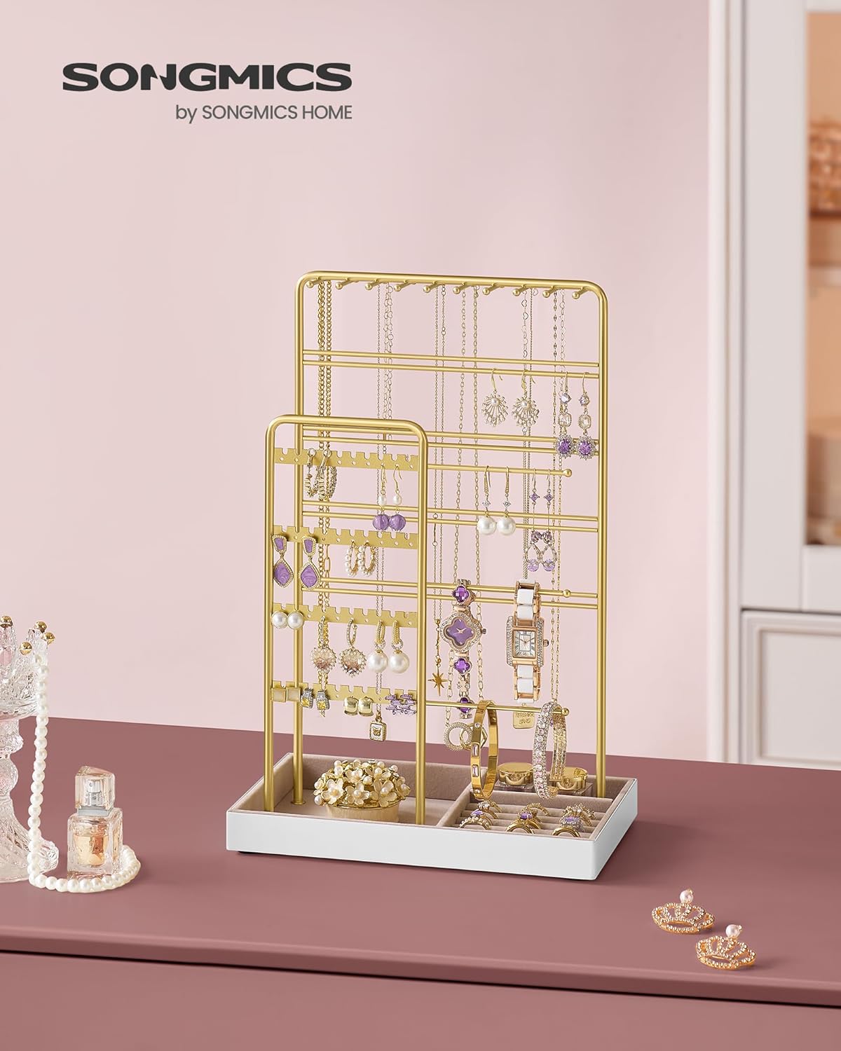 SONGMICS Jewelry Holder, Jewelry Organizer, Jewelry Display Stand with Metal Frame, Velvet Tray, Necklace Earring Bracelet Holder, for Studs, Rings, Gift Idea, Pale Gold UJJS028A01