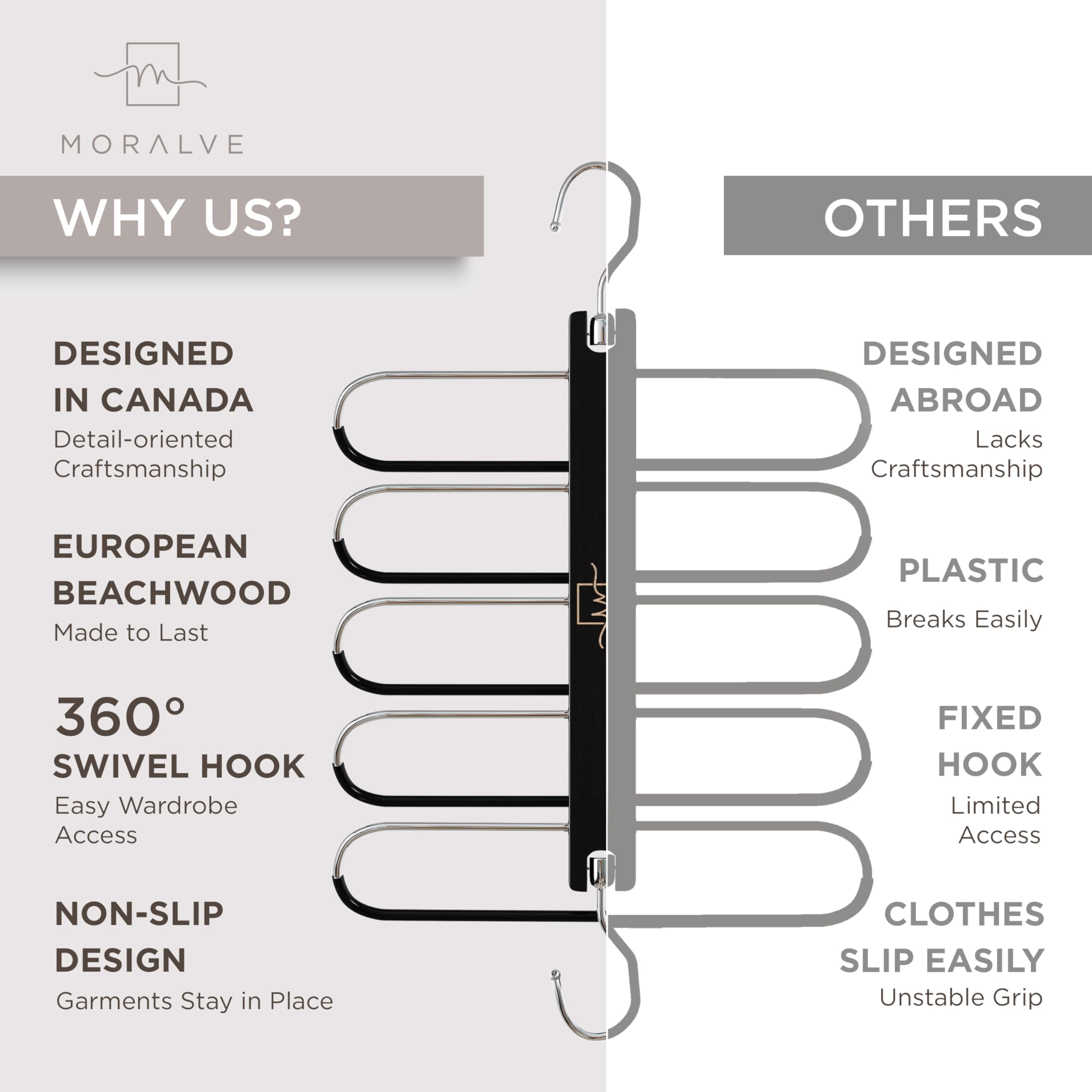 MORALVE Pants Hangers Space Saving - 2 Pack European Beechwood Scarf and Jean Hangers - Closet Organizer and Space Saver Pant Rack, Leggings Hanger, and Scarf Holder with 360° Swivel Hook