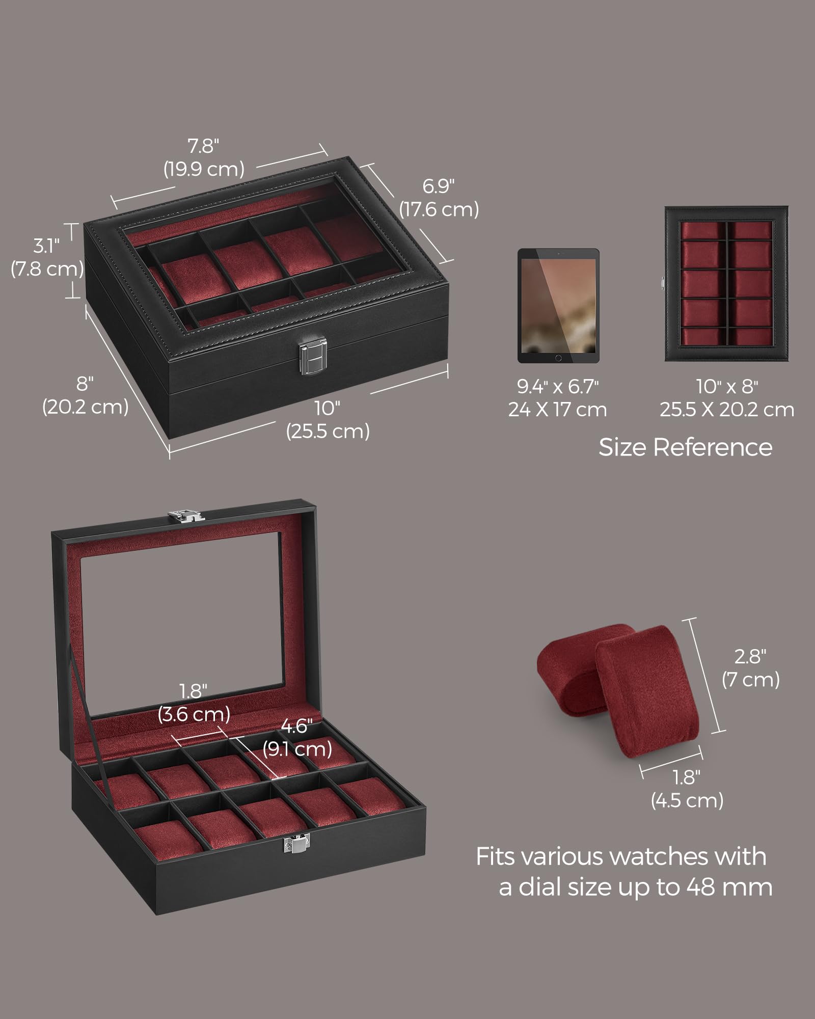 SONGMICS Watch Box, 12-Slot Watch Case Organizer with Large Glass Lid, Removable Pillows, Gift for Loved Ones, Black Synthetic Leather, Gray Lining UJWB12BK