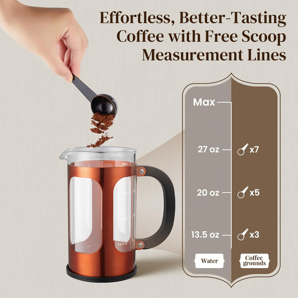 Veken French Press Coffee Maker 21oz 0.6 L, Single Serve Small Pot, Heat Resistant Thickened Borosilicate Glass, Stainless Steel Brewer, Cold Brew Cafetera Teapot for Kitchen Travel Camping, Copper