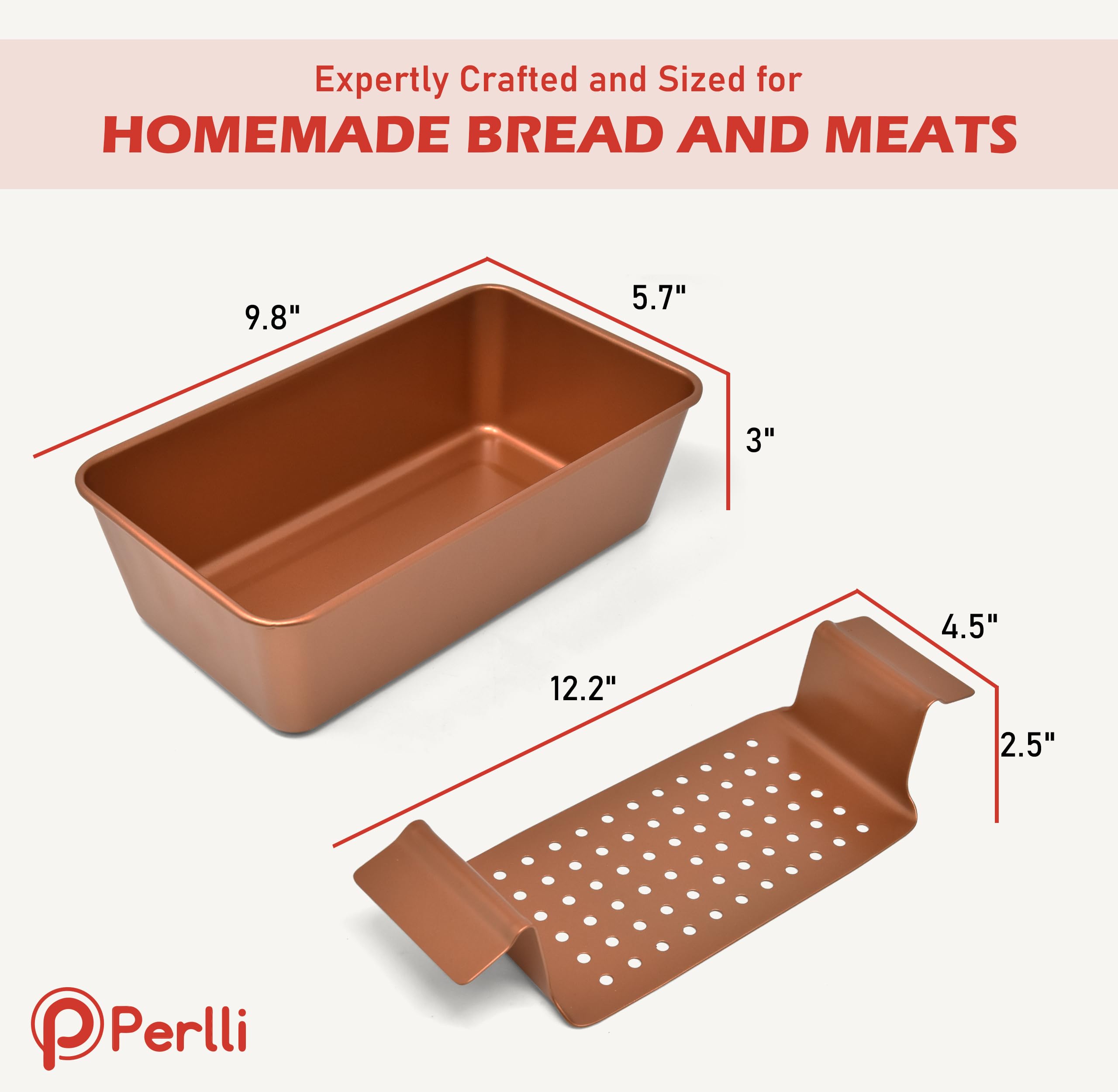 PERLLI Meat Loaf Pan with Drip Tray – 2 Pc. 9.8 x 5.7 In. High-Carbon-Steel Nonstick Meatloaf Pan with Drain Tray – Large BPA-Free Oven Loaf Pan for Baking, Bread, Cakes, Roasting Meat, & More