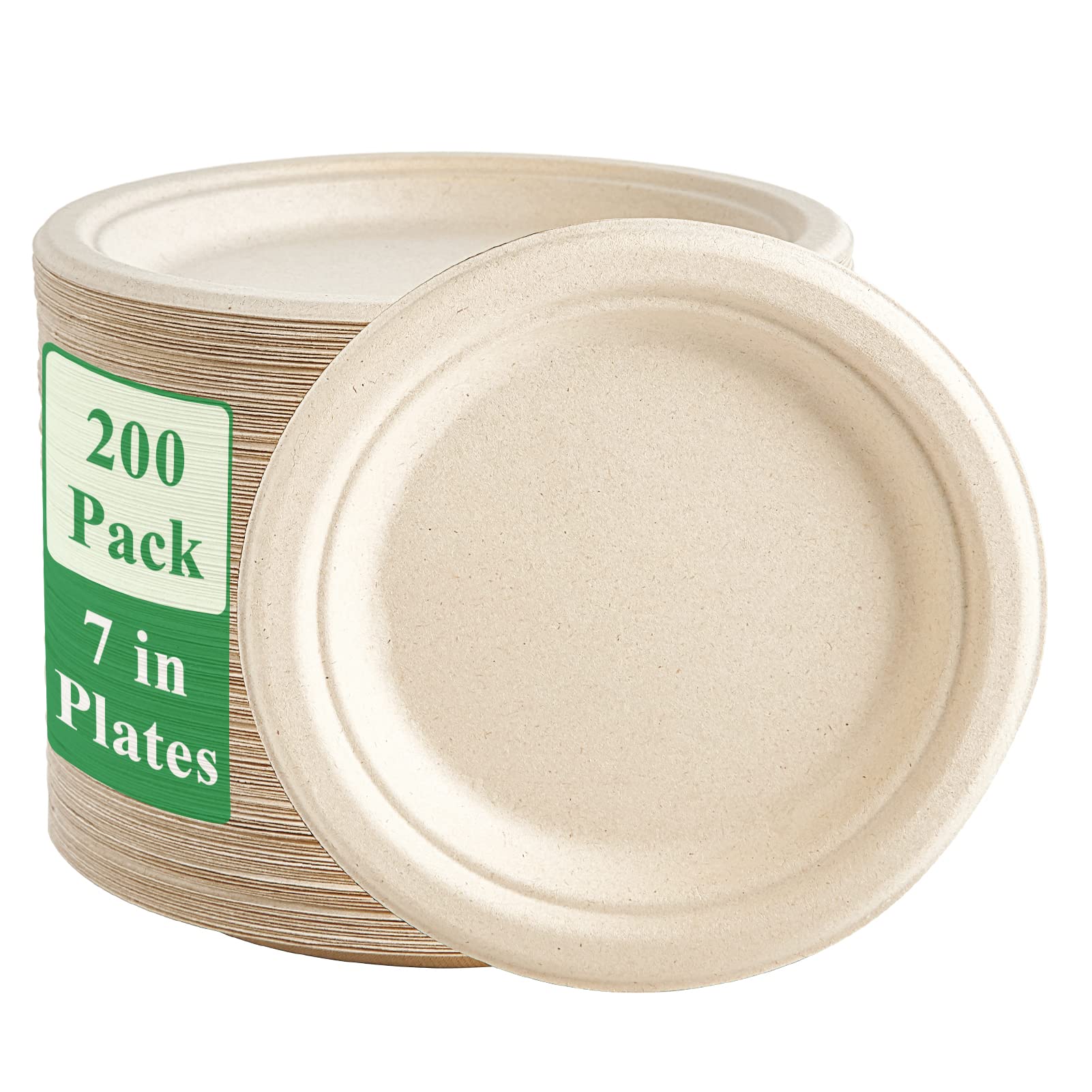 Vplus 200 Pack Paper Plates 7 inch 100% Compostable, Heavy-Duty Disposable Paper Plates Bagasse Natural Biodegradable Eco-Friendly Sugarcane