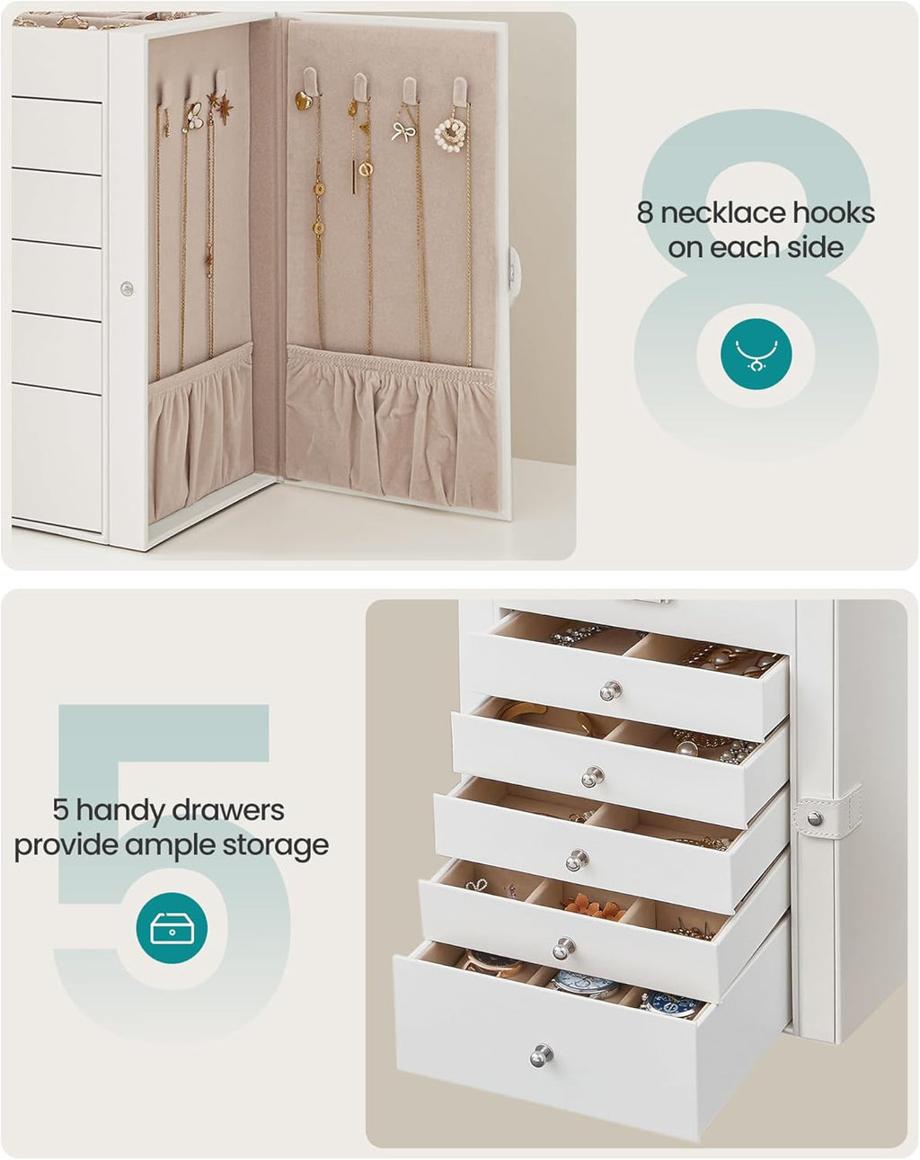 SONGMICS 6-Layer Jewelry Box Organizer with 5 Drawers, Jewelry Storage Case with Lock and Mirror, Large Storage Capacity, Gift for Loved Ones, for Necklaces, Watches, White UJBC152W01