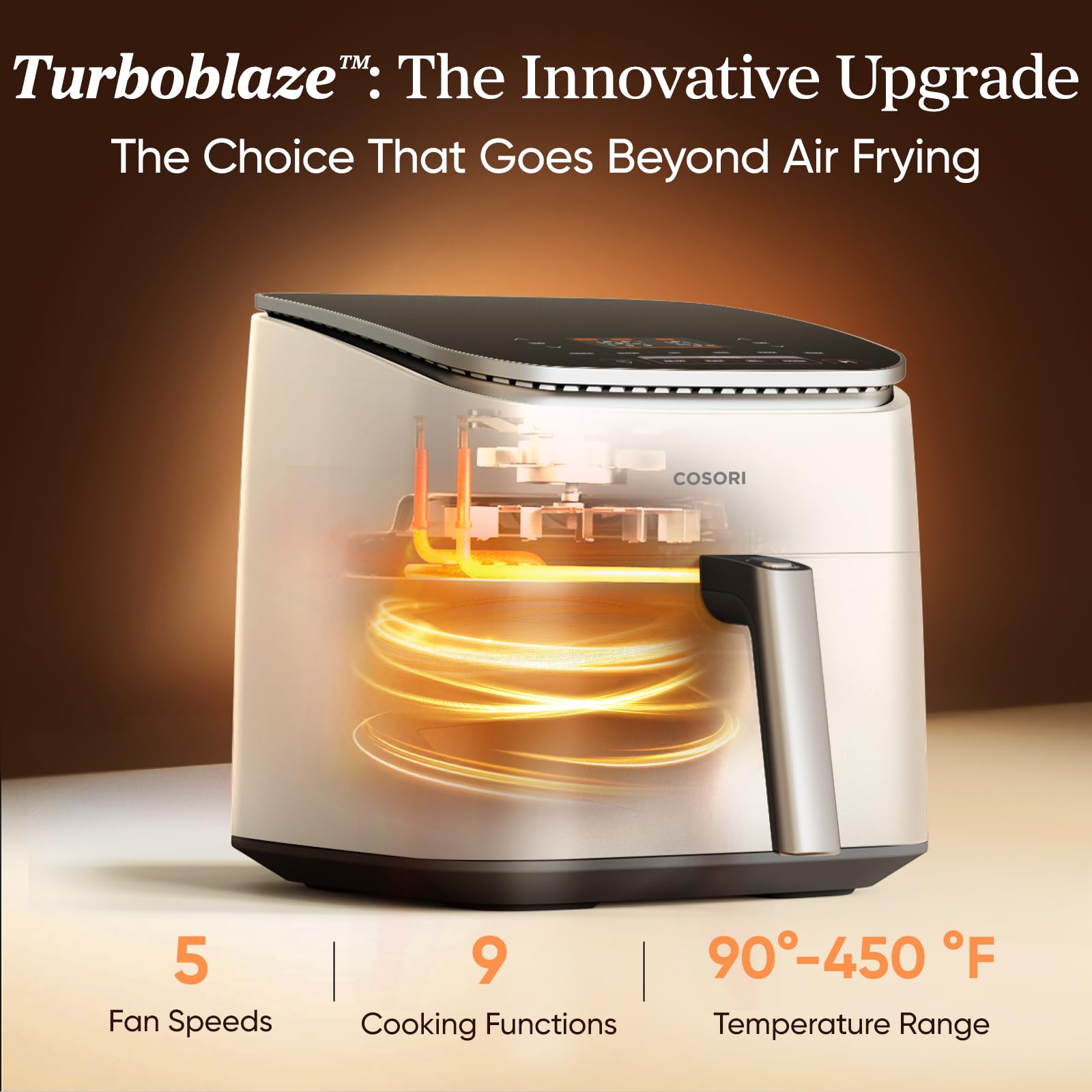 Cosori 9-in-1 TurboBlaze Air Fryer 6 Qt, PFAS-Free Ceramic Coating, 90°–450°F, Precise Heating for Even Results, Air Fry, Roast, Bake, Broil, Dry, Frozen, Proof, Reheat, Keep Warm, 120V, Dark Gray