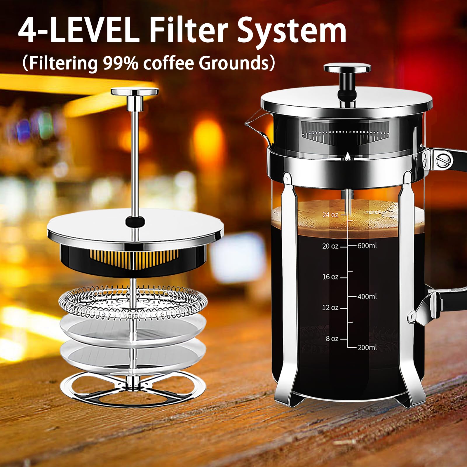 YMMIND French Press Coffee Maker 304 Stainless Steel Coffee Press,with 4 Filters System, Heat Resistant Thickness Borosilicate French Press Glass, BPA-Free Brewed Tea Pot Coffee Plunger(Copper 12oz)