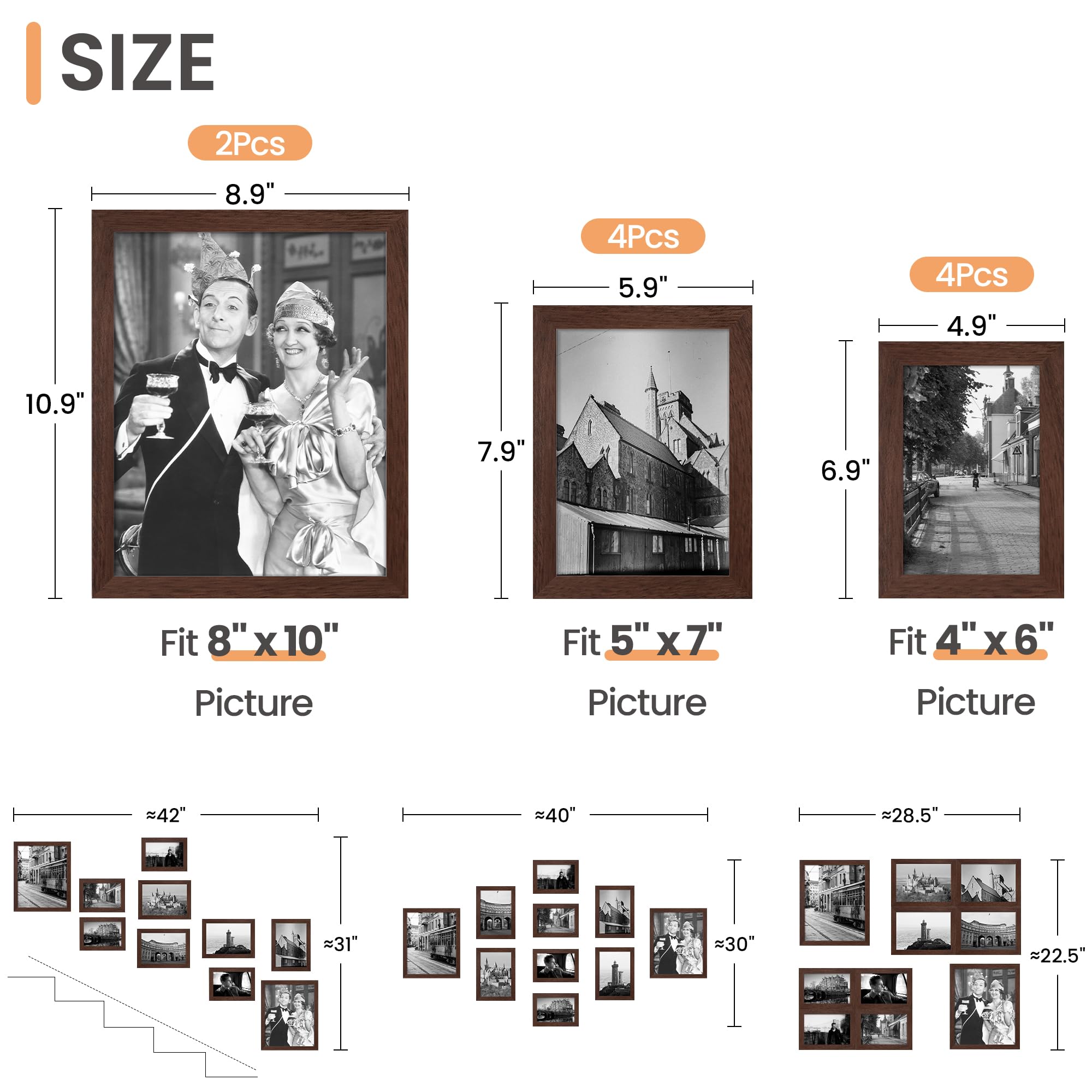 upsimples 10 Pack Picture Frames Collage Wall Decor for Mounting or Tabletop Display, Photo Gallery Frame Set for Family, Multi Sizes Including 8x10, 5x7, 4x6, Black
