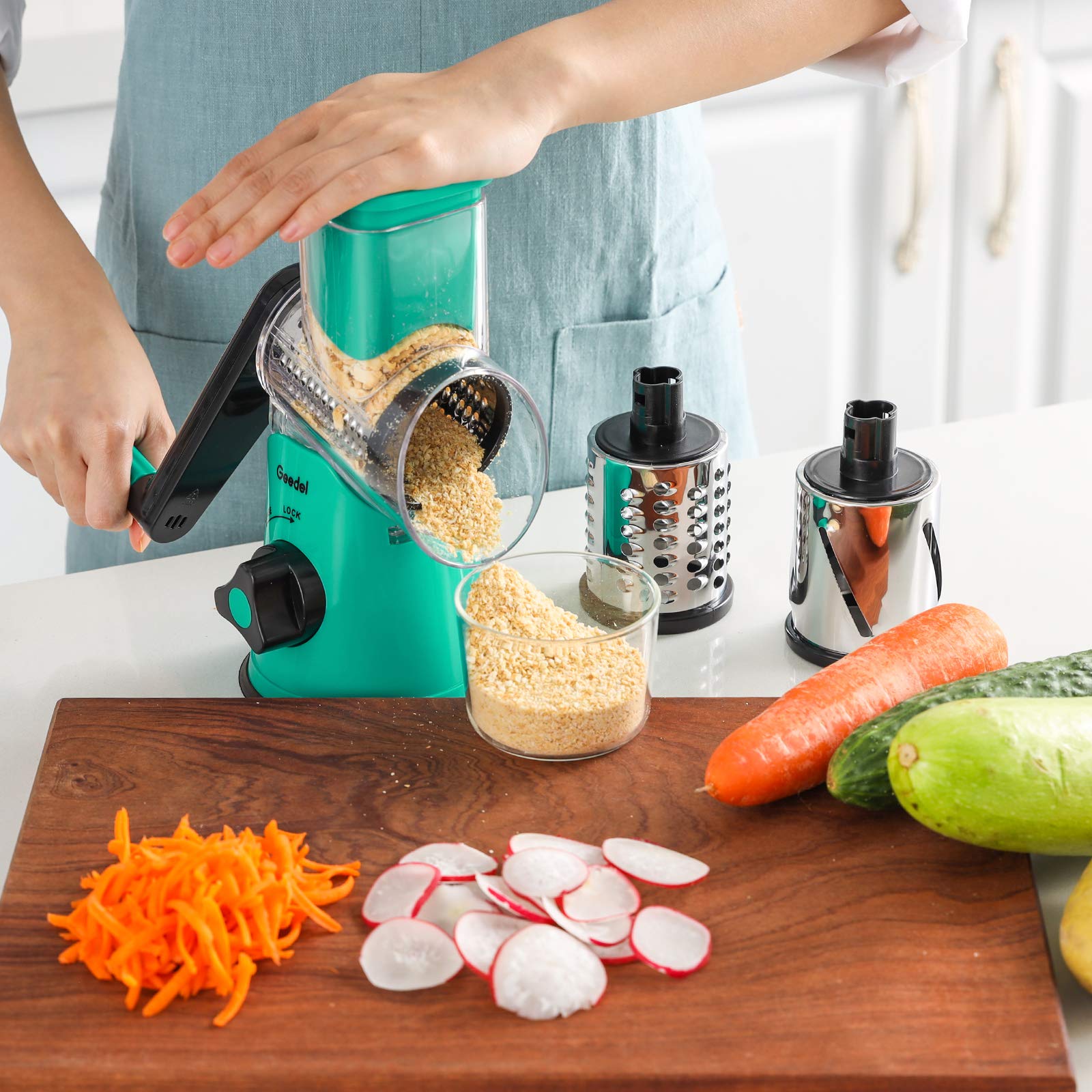Geedel Rotary Cheese Grater, Kitchen Mandoline Vegetable Slicer with 3 Interchangeable Blades, Easy to Clean Rotary Grater Slicer for Fruit, Vegetables, Nuts