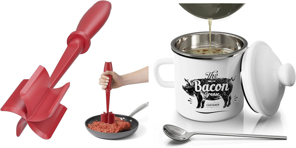 Red Meat Chopper and White Mini 15OZ Bacon Grease Container