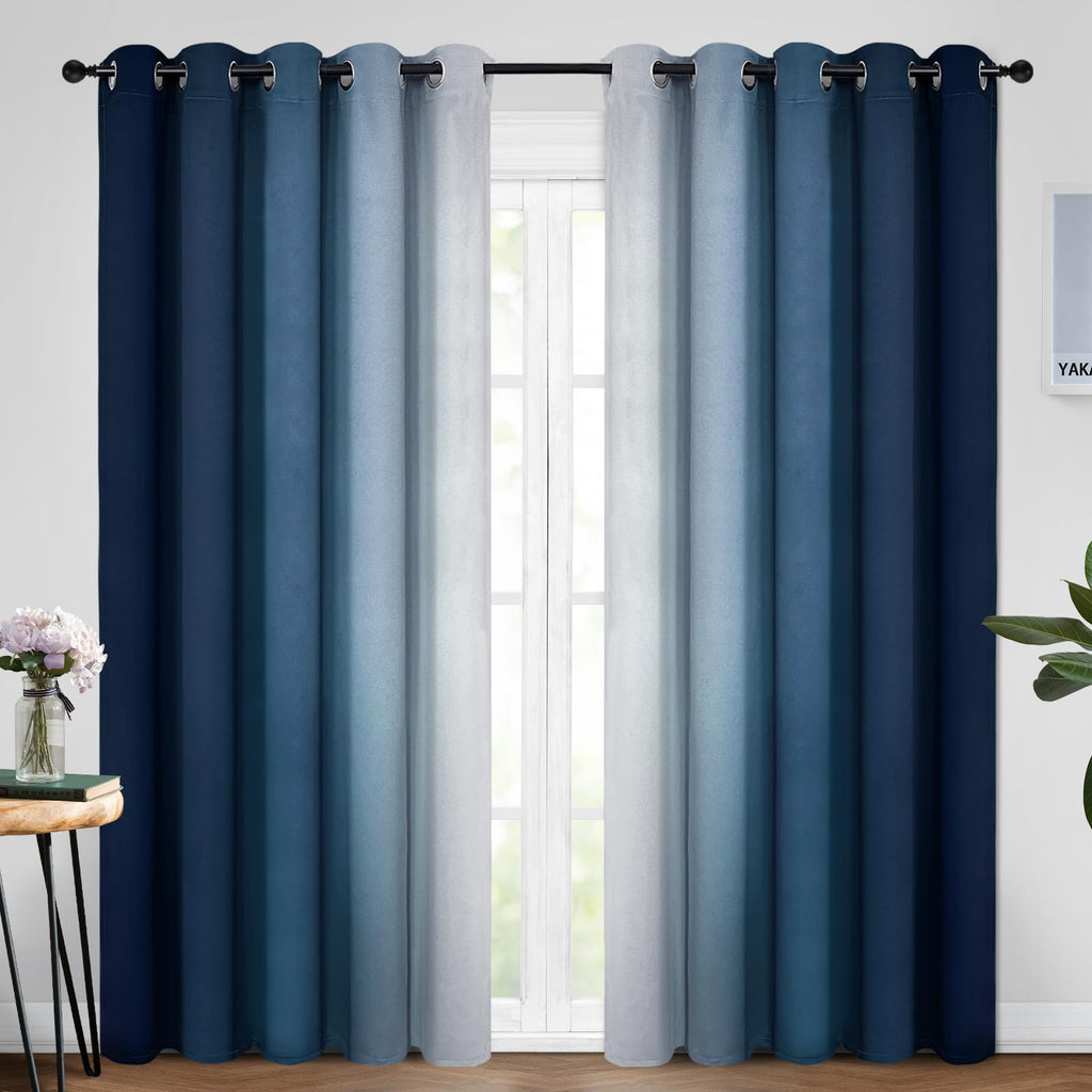 Yakamok Blue and Greyish White Ombre Curtains, Room Darkening Gradient Color Curtains for Bedroom, Light Blocking Thermal Insulated Window Drapes for Living Room(2 Panels, 52x84 Inch)