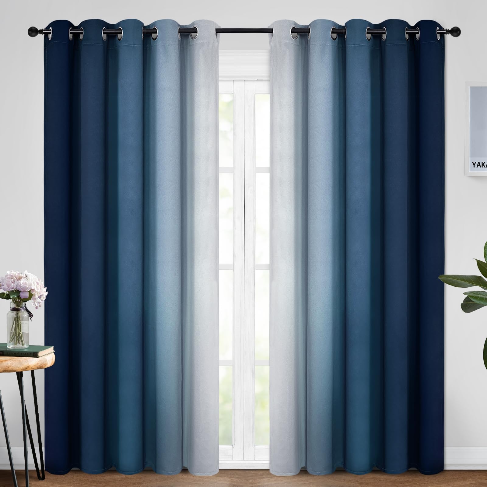 Yakamok Blue and Greyish White Ombre Curtains, Room Darkening Gradient Color Curtains for Bedroom, Light Blocking Thermal Insulated Window Drapes for Living Room(2 Panels, 52x84 Inch)