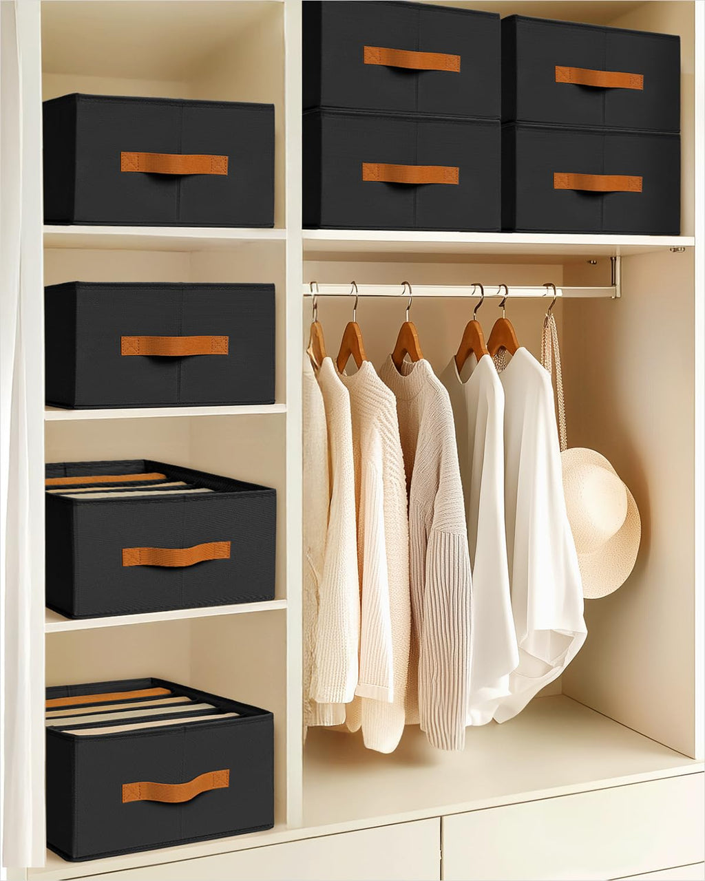 Homsorout Clothes Organizers and Storage - 4/5/7 Grids Fabric Jeans Organizer with Handles, Foldable Closet Organizers Dividers, Wardrobe organizer for Pant, Sweater, T-shirt, Scarf, 6 Pack, Beige