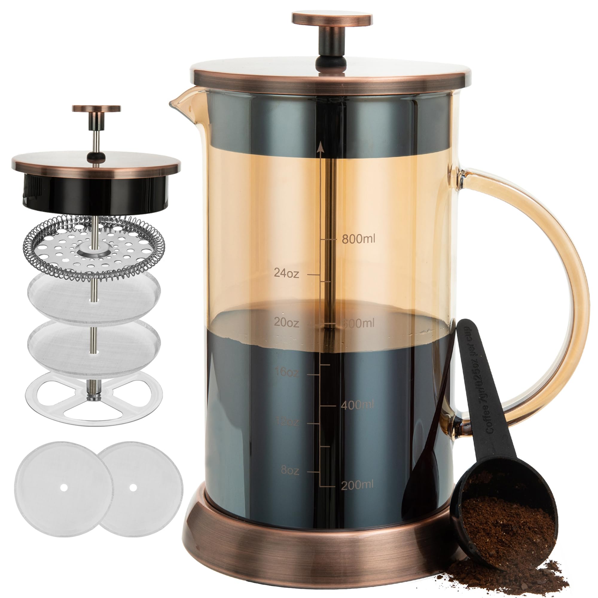 YMMIND French Press Coffee Maker 304 Stainless Steel Coffee Press,with 4 Filters System, Heat Resistant Thickness Borosilicate French Press Glass, BPA-Free Brewed Tea Pot Coffee Plunger(Copper 12oz)